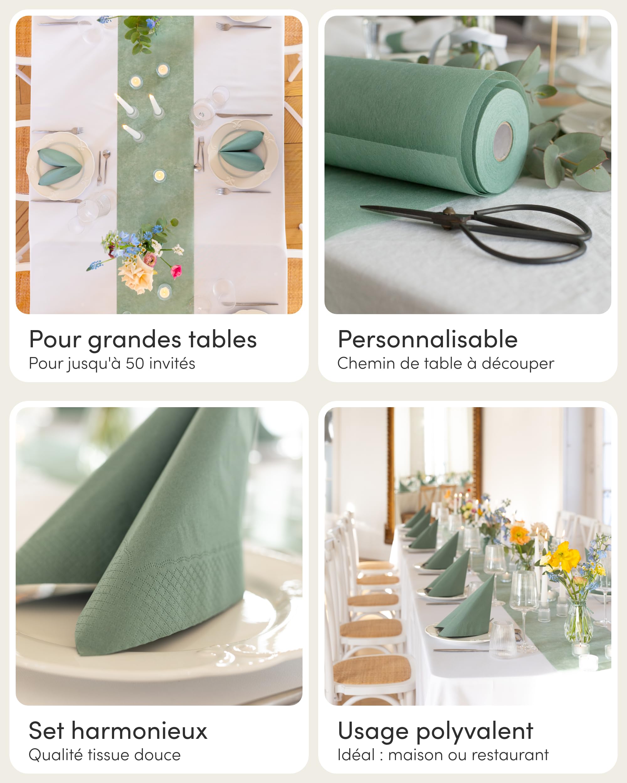 100% Mosel Kit de décoration de table – Vert Eucalyptus (25–50 Invités) | Chemin de Table en Intissé & Serviettes en Papier pour Mariage, Baptême, Communion & Anniversaire