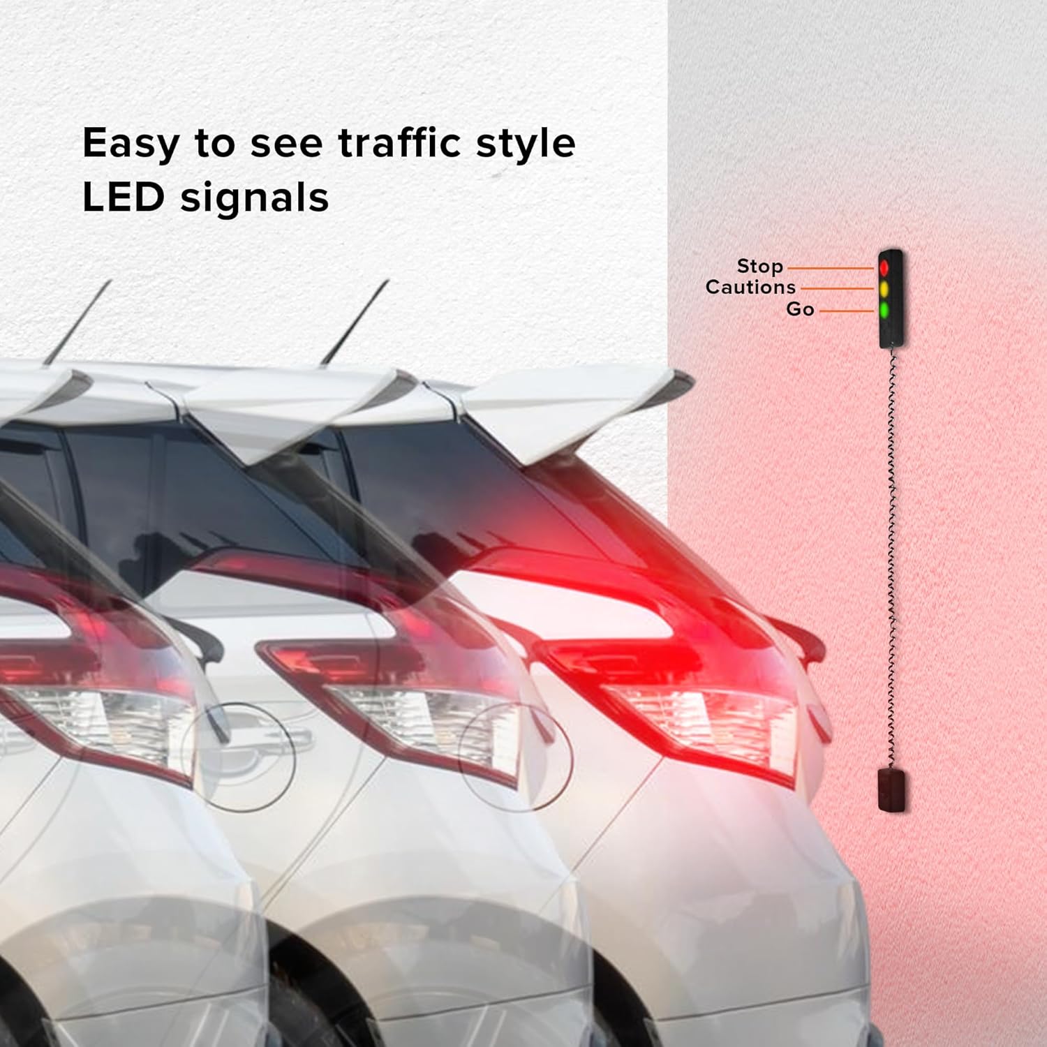 Illustration of a car parking in a garage with the Armor All parking aid showing green, yellow, and red light indicators.