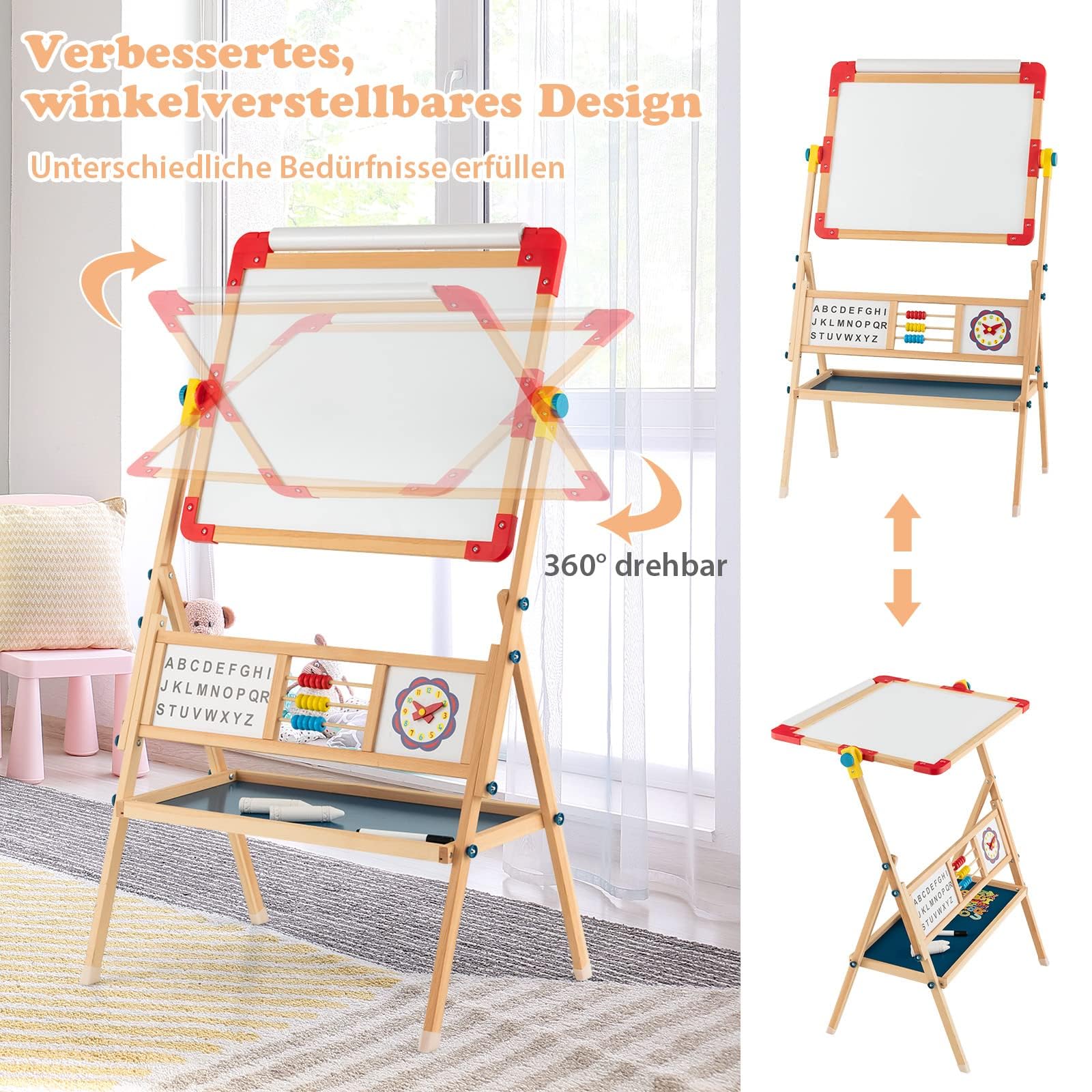 COSTWAY Kindertafel 360°drehbar, Spieltafel doppelseitig mit Kreidetafel & Whiteboard, Magnettafel Holz mit Ablage, Papierrolle, Abakus, Uhr & Alphabet, Standtafel für Kinder ab 3 Jahren