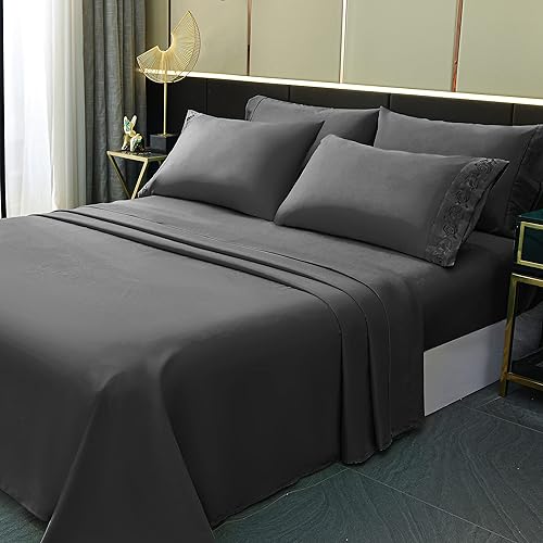 LONAVA King Size Sheets Set - 6 Piece Set Wrinkle Free Hotel Luxury Oeko-TEX Sheets and Pillowcases Set, Silky Soft Microfiber Bed Sheets, Breathable and Elastic, 16-Inch Deep Pockets, Gray