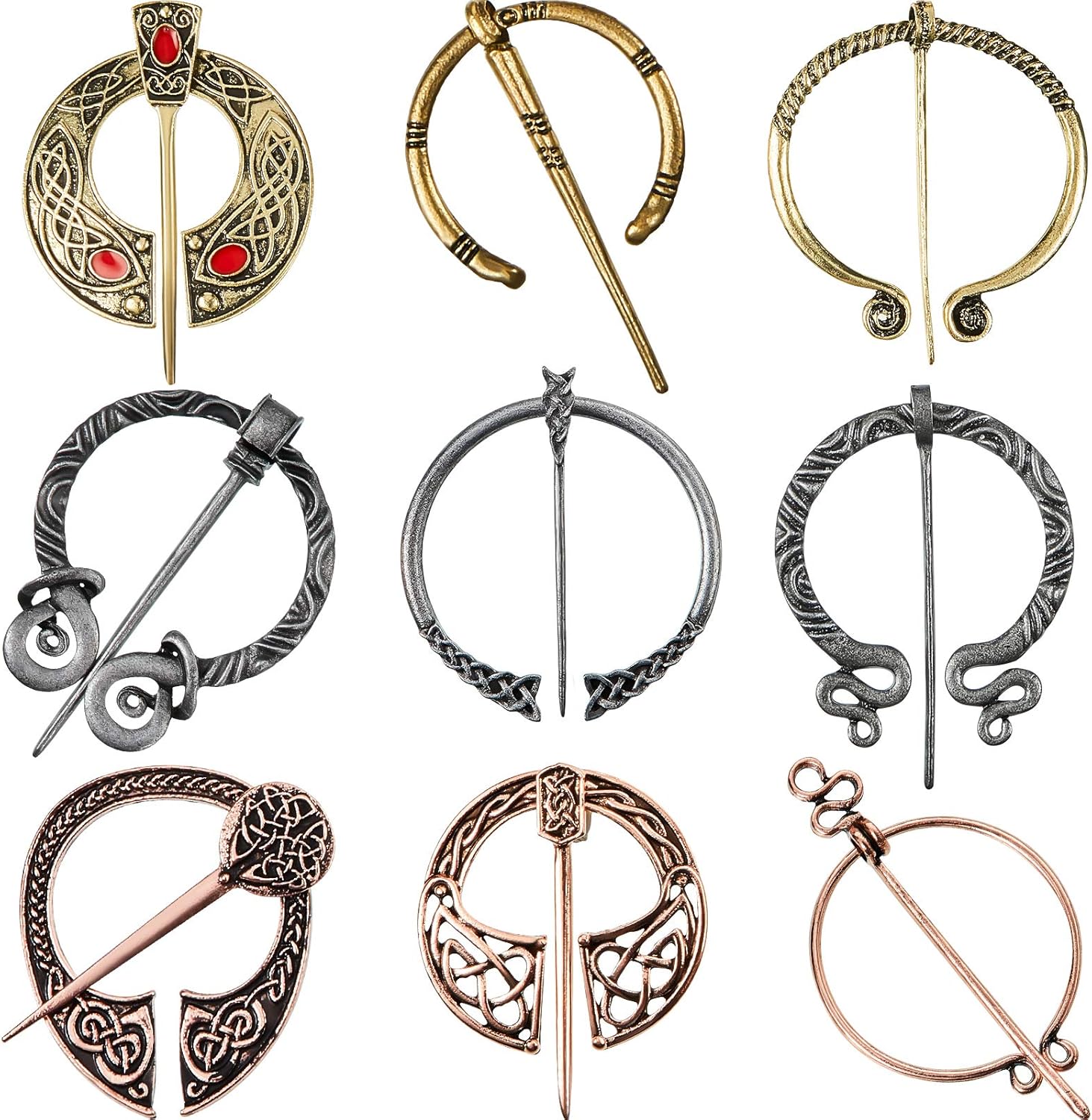 9 Pieces Vintage Viking Brooch Cloak Pin Scarf Shawl Buckle Clasp Pin Brooch Penannular Brooch for Costume Accessory, Antique Silver, Gold, Rose Gold (Classic Style) : Clothing, Shoes & Jewelry