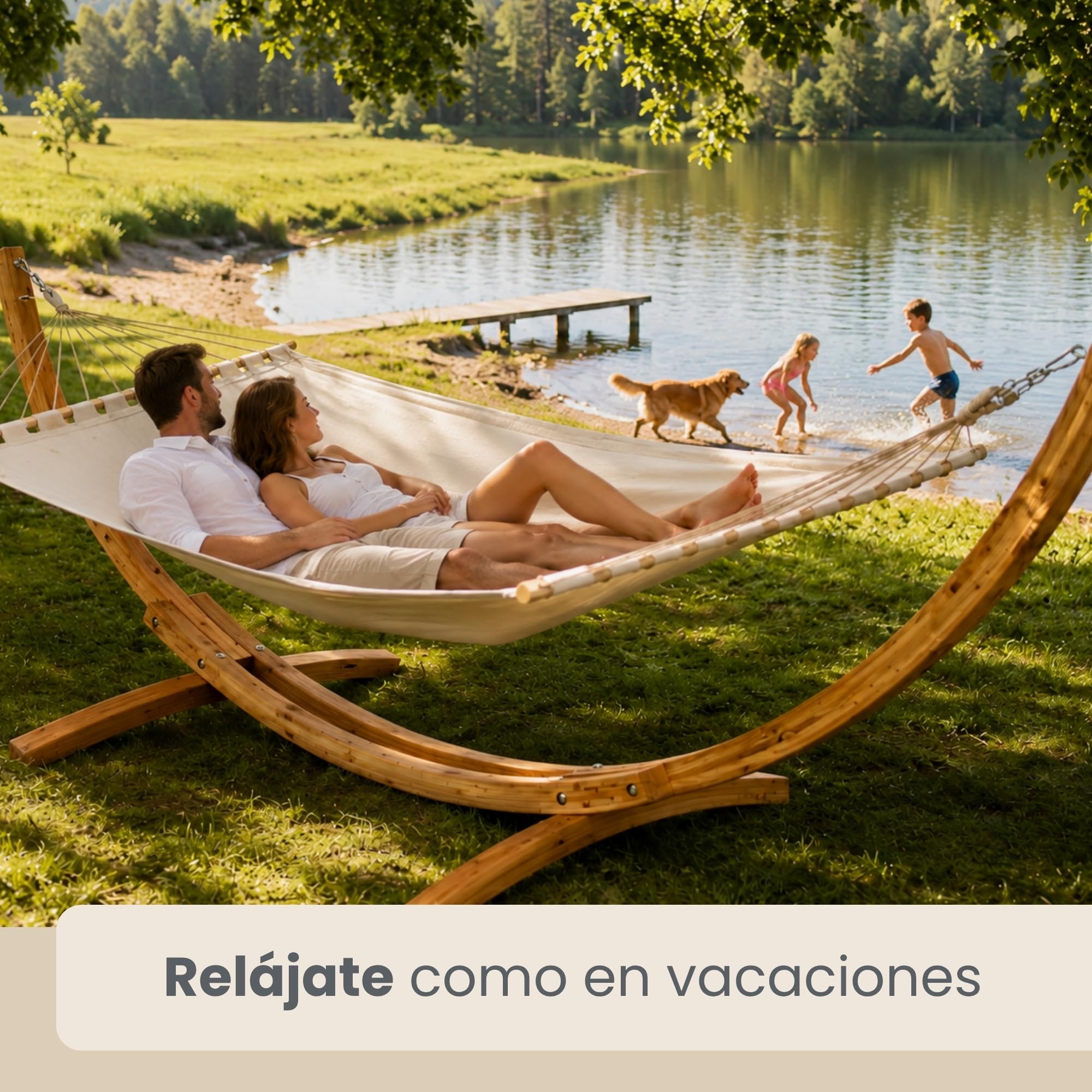 AMANKA Hamaca Terraza con Soporte - 325 cm Madera Exterior - Jardín con Colgante - Hamaca Doble - Marco de Jardín