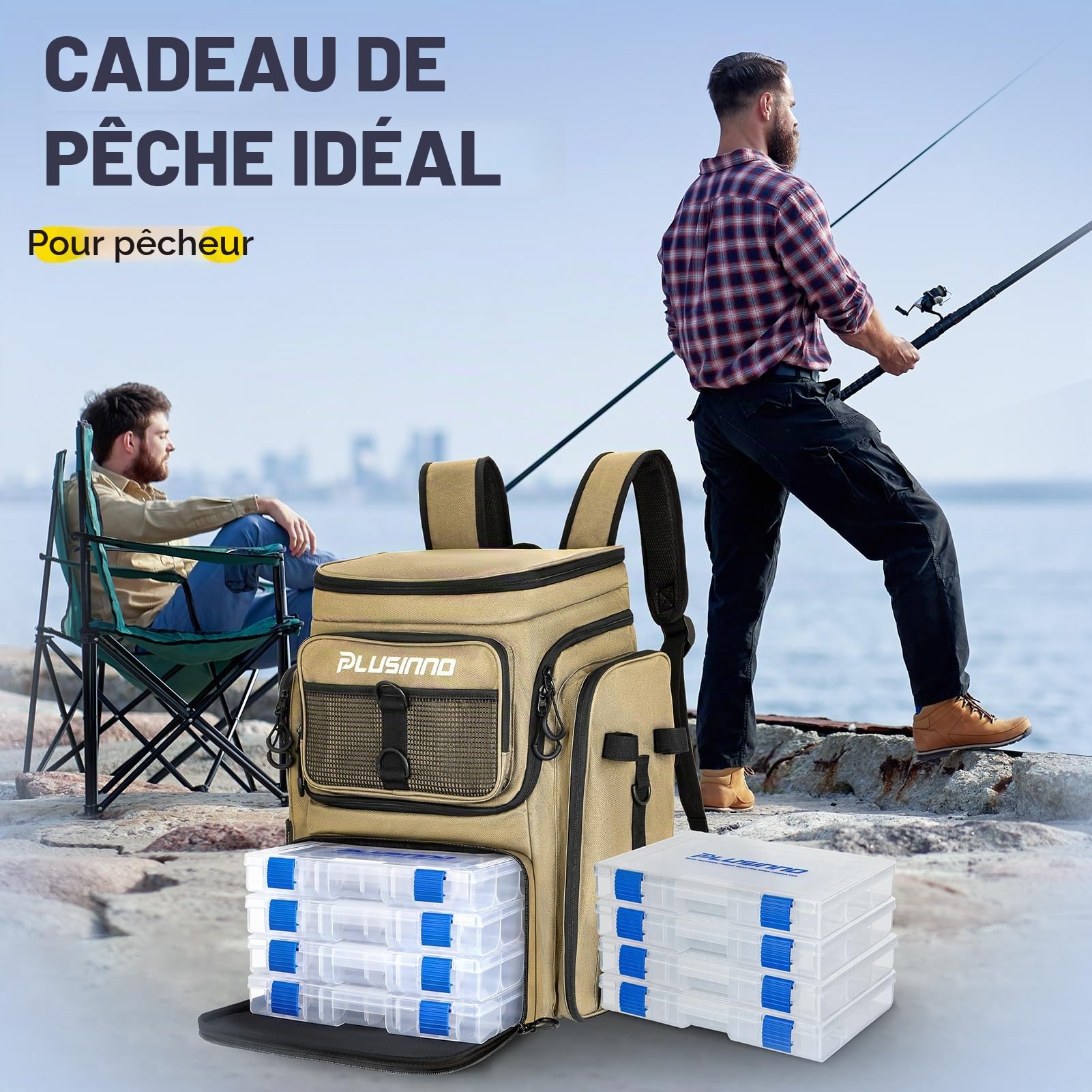 PLUSINNO Fishing Backpack With Tackle Boxes sac à dos de pêche avec boîtes de pêche Mixte