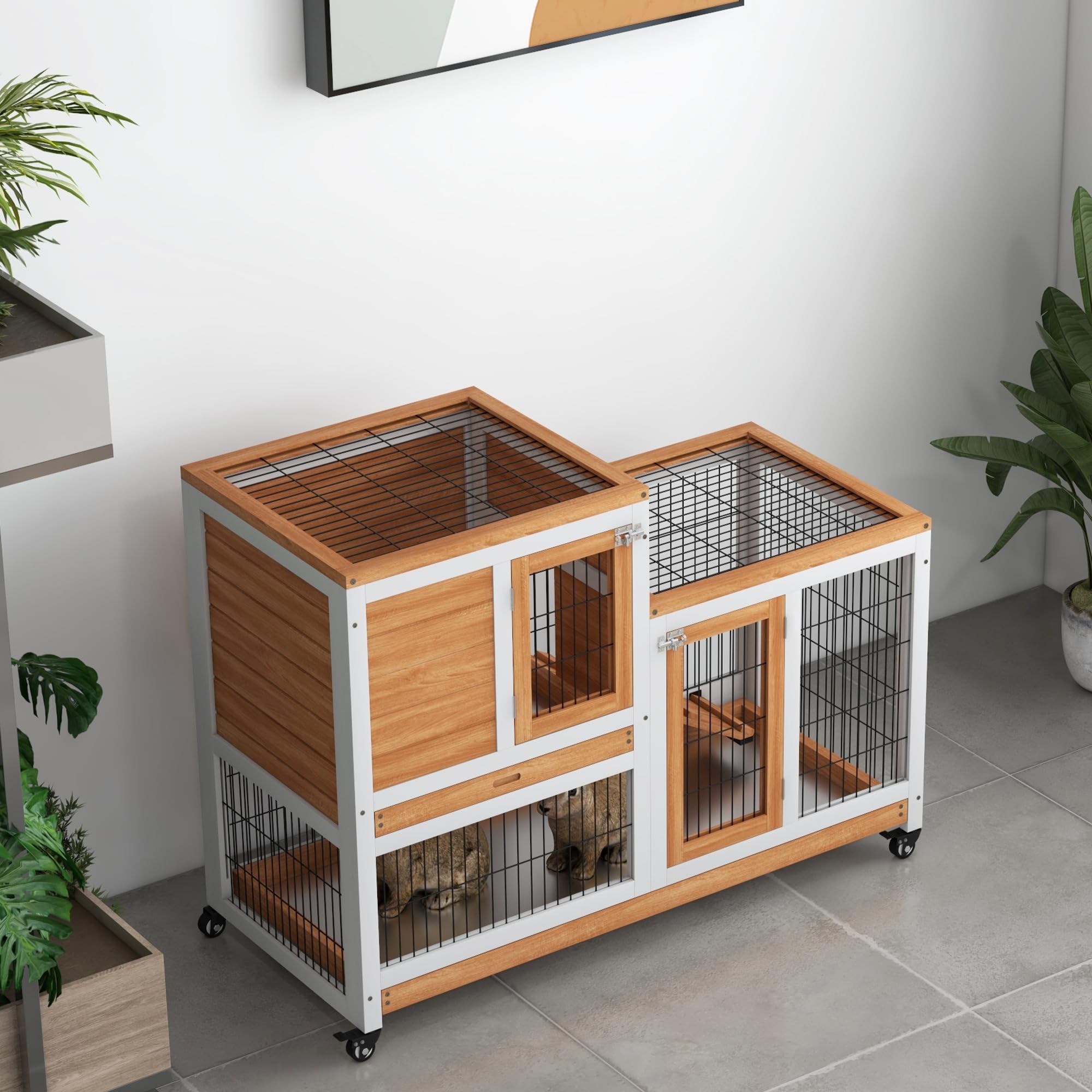 PawHut Conejera de Madera de 2 Niveles Jaula para Conejos con Ruedas Puertas Zona Abierta Rampa y 2 Bandejas Extraíbles Conejera para Interior 110x50x88 cm Natural y Blanco