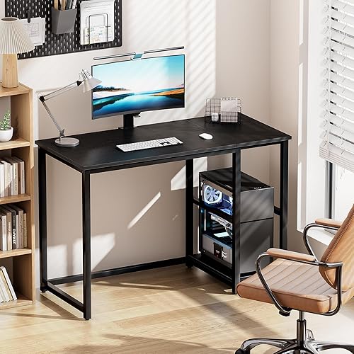 Miniatura 4 de SINPAID Escritorio para juegos de 40 pulgadas con estantes, escritorio negro para PC, escritorio de computadora pequeño, mesa de juegos moderna,