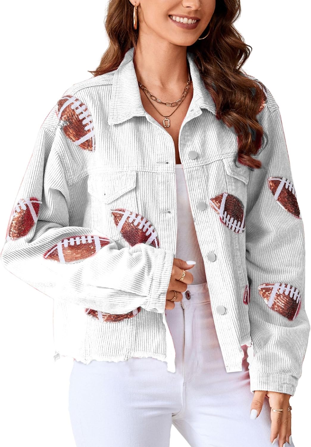 Xunger Women’s Football Corduroy Sequin Jacket Cropped Distresses Rugby Patched Shacket Coat