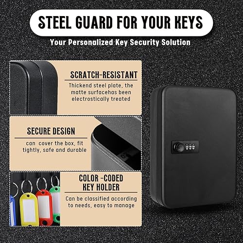 Miniatura 8 de Flexzion Caja para llaves de pared con código, caja de almacenamiento de llaves negra con cerradura de combinación, caja organizadora de llaves