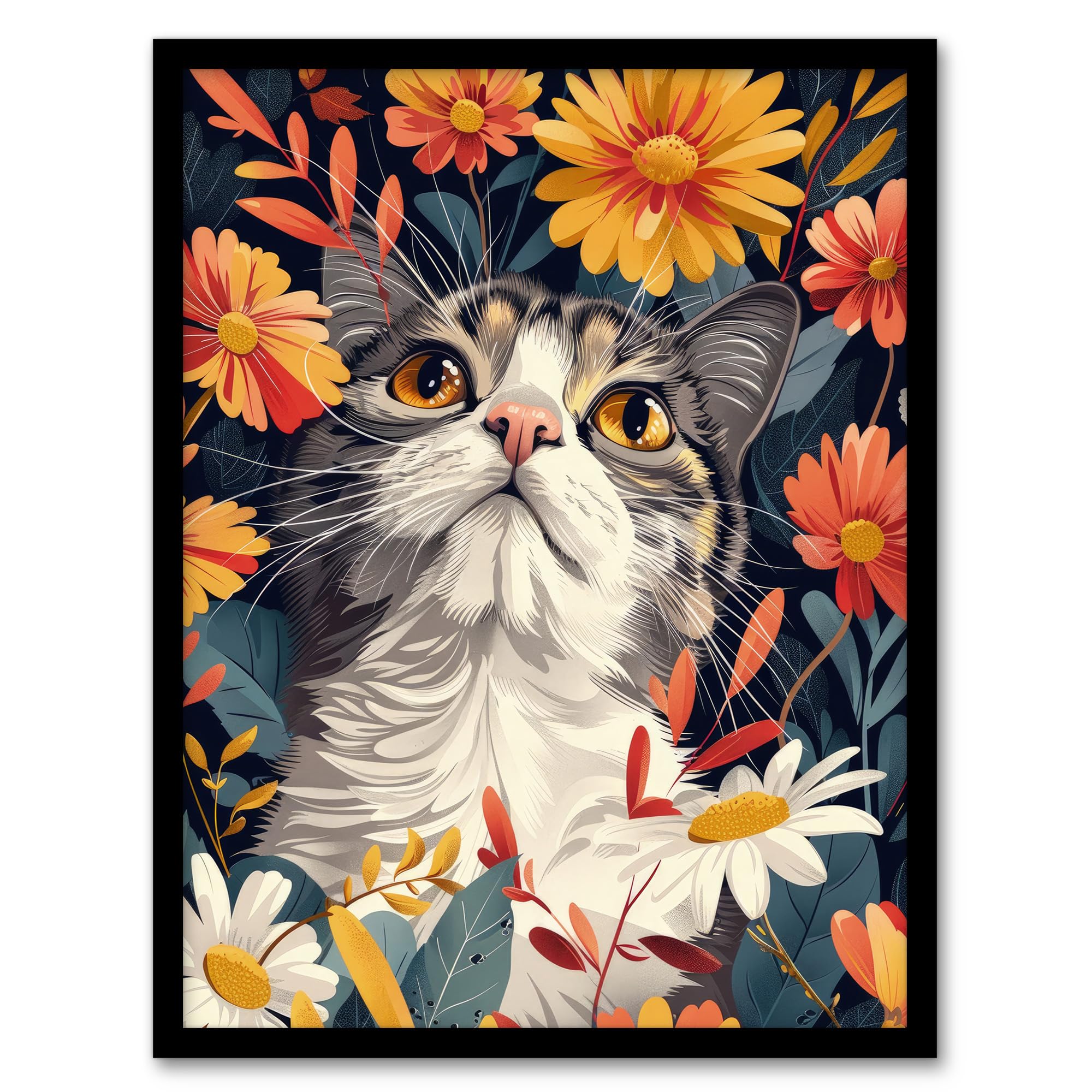 Artery8 Cat in Wildflowers Painting Animal Lover Floral For Living Room Artwork Framed Wall Art Print A4