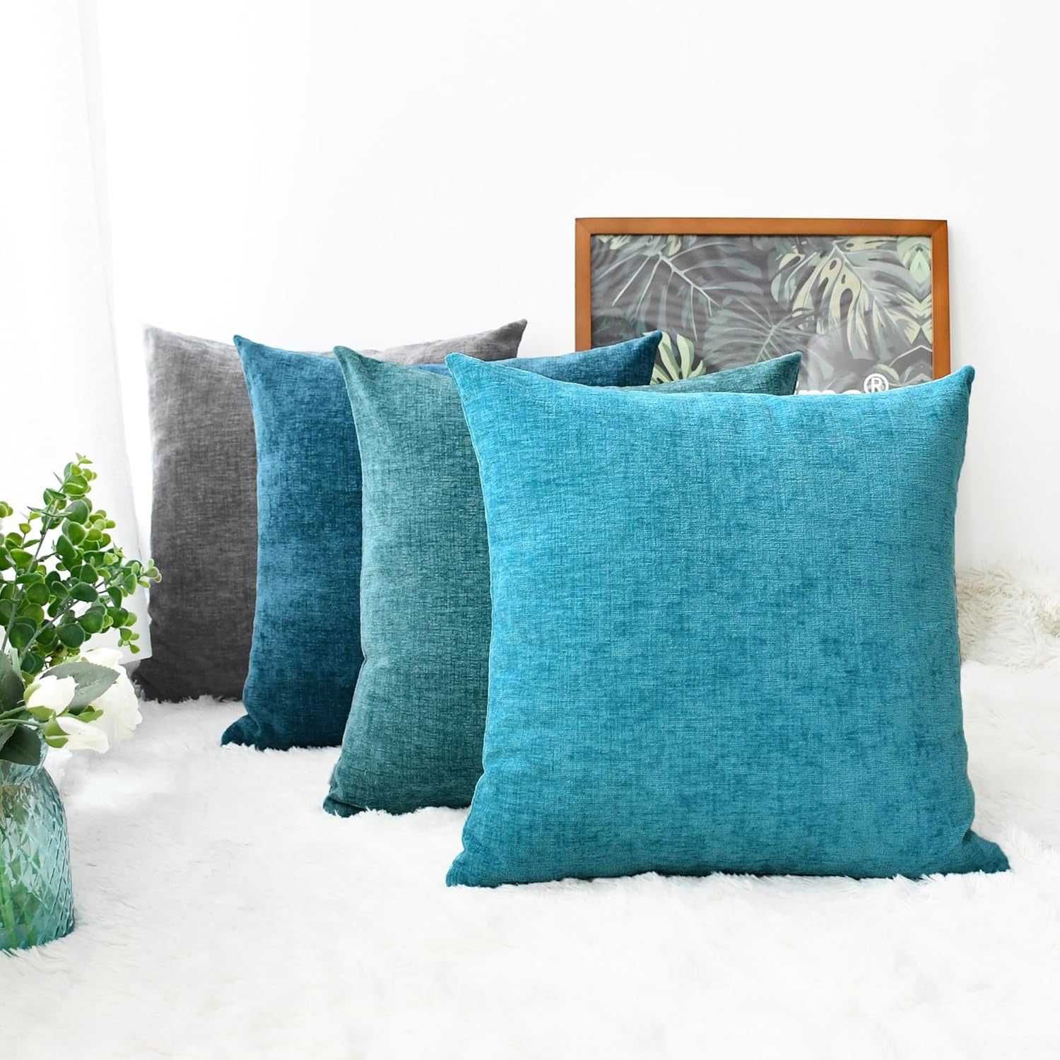 CaliTime Throw Pillow Covers Set of 4 Modern Multi-Color Matching Cozy Soft Chenille Cushion Cases Shells for Couch Sofa Home Decor 18 X 18 Inches Teal Ocean Blue Lake Blue Grey