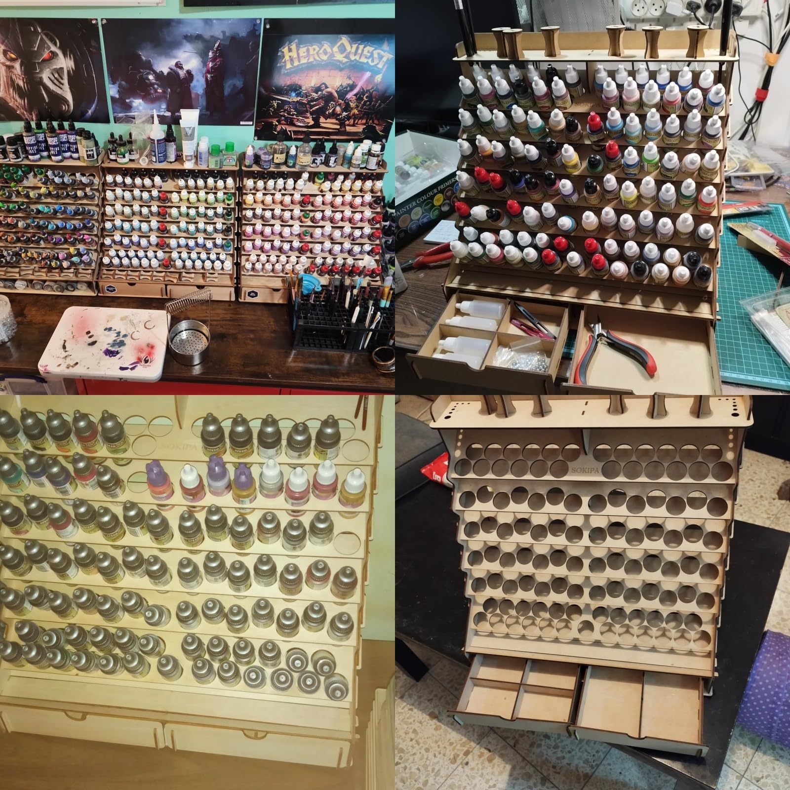 Modułowy drewniany organizer na farby rzemieślnicze, pomieści 105 butelek farb Vallejo, 14 pędzli, 2 szafki i miniaturowe stojaki, stojak do przechowywania narzędzi artystycznych do