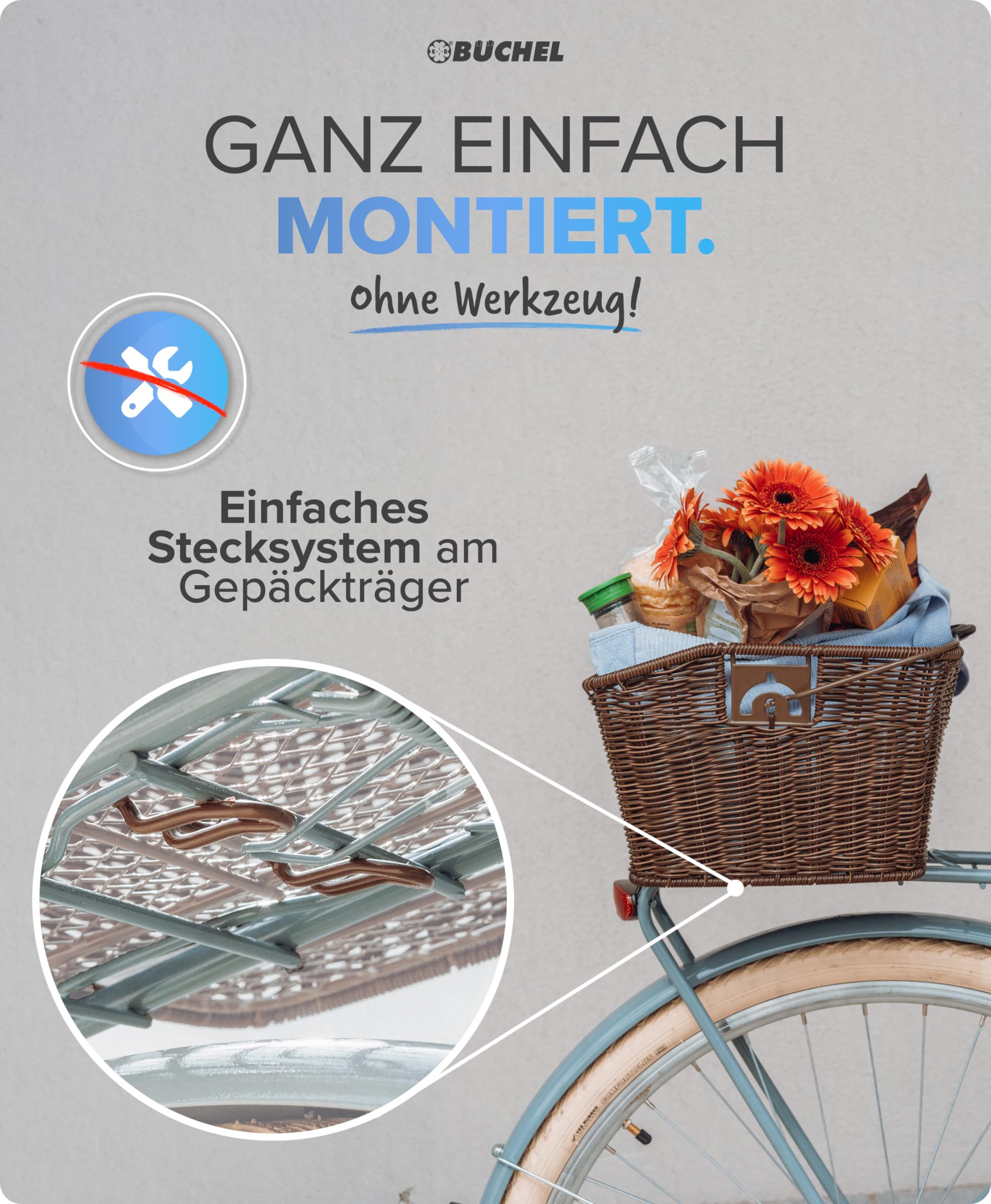 Büchel Fahrradkorb hinten - Fahrradkorb abnehmbar hinten I einfache Befestigung mit innovativem Halteclip I aus hochwertigem Polyrattan I Fahrrad Korb für hinten aus hochwertigem Polyrattan