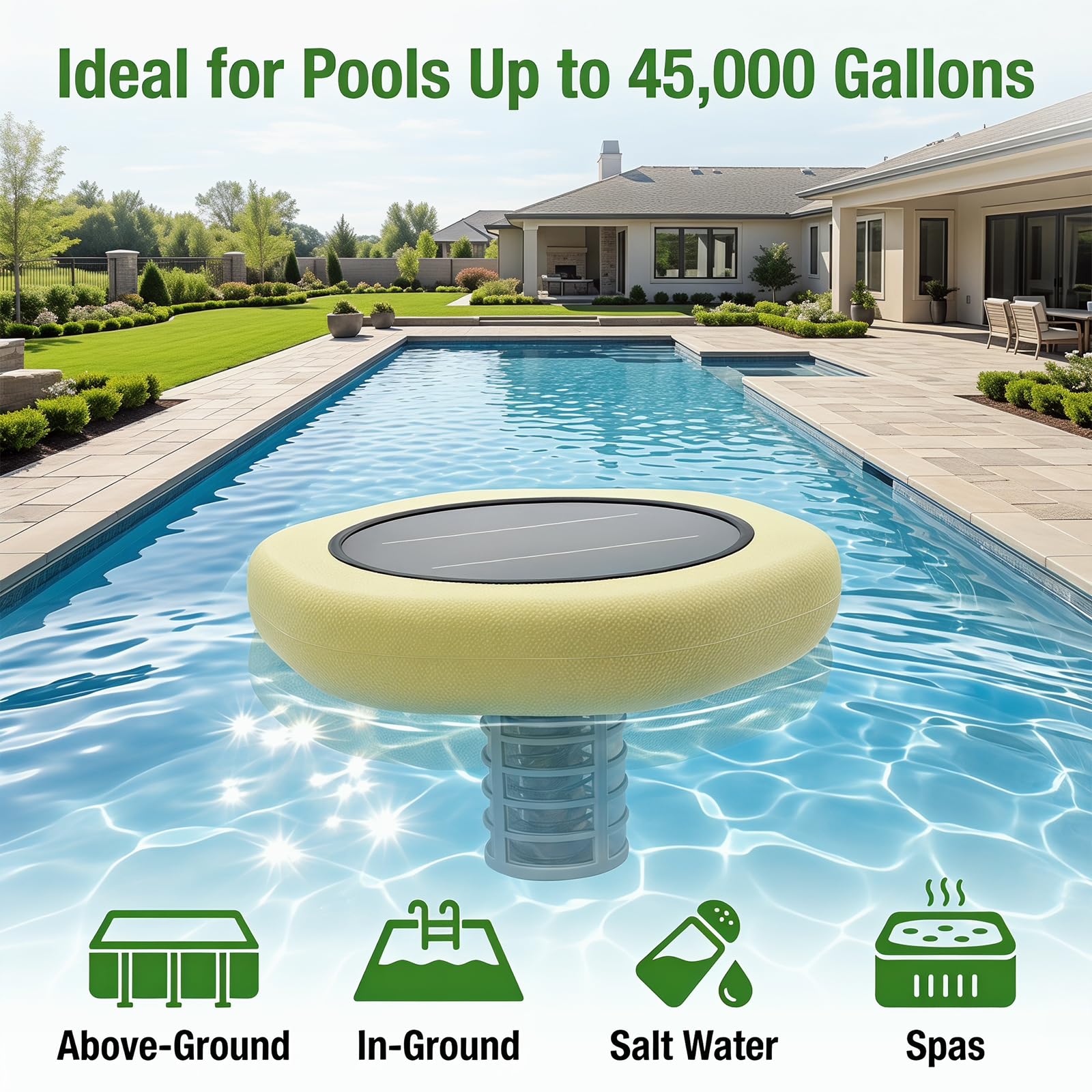 Accesorio de mantenimiento de piscina flotante alimentado por energía solar con ánodo de cobre reemplazable, flotador duradero para piscinas sobre el suelo, enterradas y de agua salada, kit completo