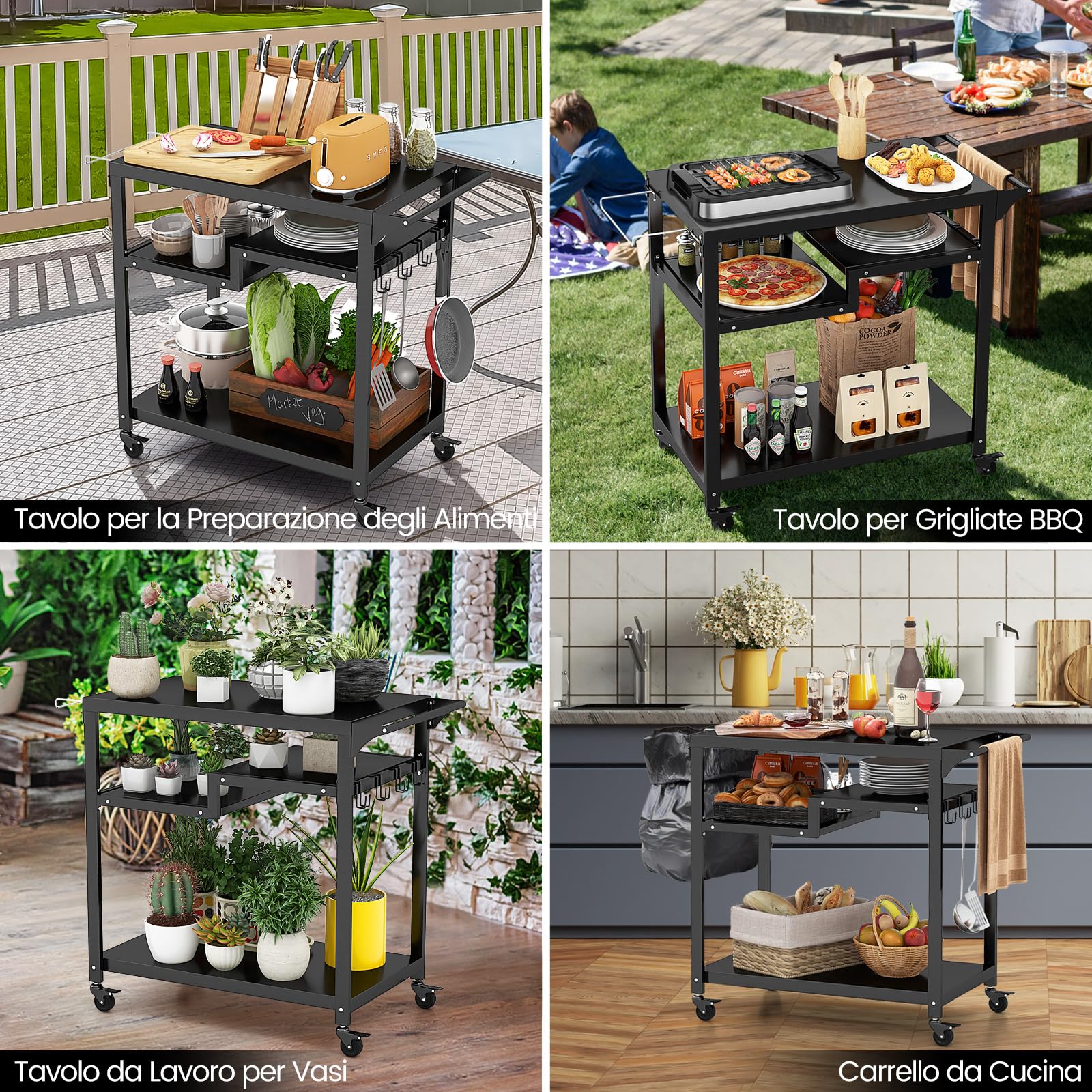 GYMAX Carrello da Barbecue per Esterno, Carrello BBQ Mobile con Ripiani, Ganci, Tavolo Multifunzionale con Ruote Bloccabili e Maniglia Laterale