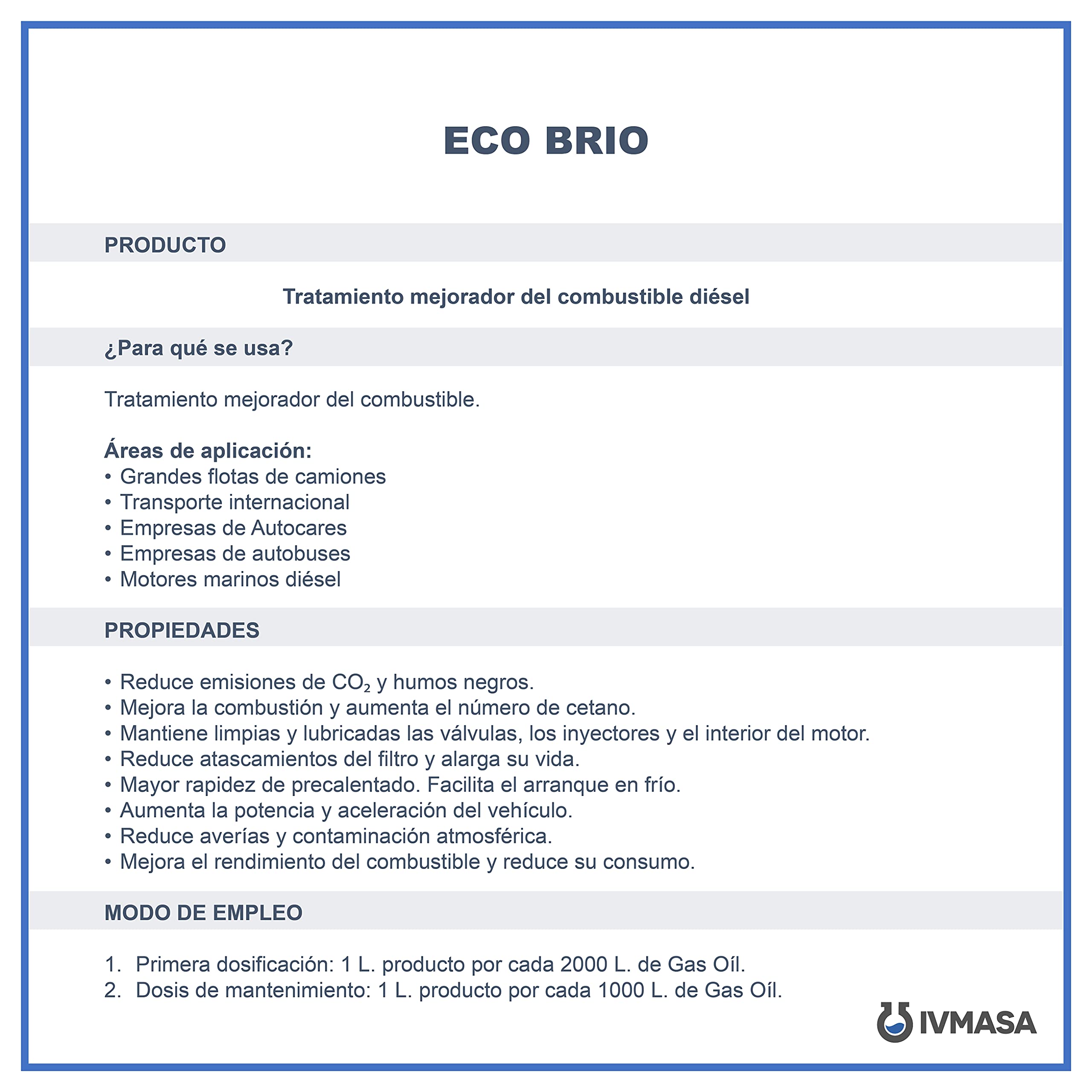 ECO BRIO - Aditivo Diesel Profesional-Reduce Humos Negros para ITV-Limpia y Lubrica Inyectores-Mejora Combustión, Aumenta Cetano-Reduce Atascamientos del Filtro 1L=1000L,20 Depositos 50 L