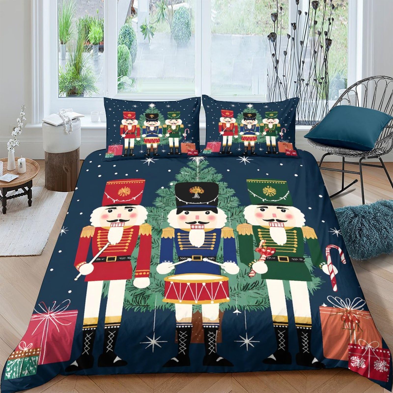 Ctjqhvkz Style-4 3D Printed Nutcracker Christmas Fitted Sheet Microfiber Soft Blue Festive Tree Bed Cover For Bedroom Guest Room Decor Single（135X200cm）