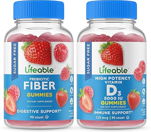 Lifeable Fibra prebiótica sin azúcar + vitamina D 5000 UI, paquete de gomitas Gran sabor, suplemento vitamínico, sin gluten, sin OMG, gomita