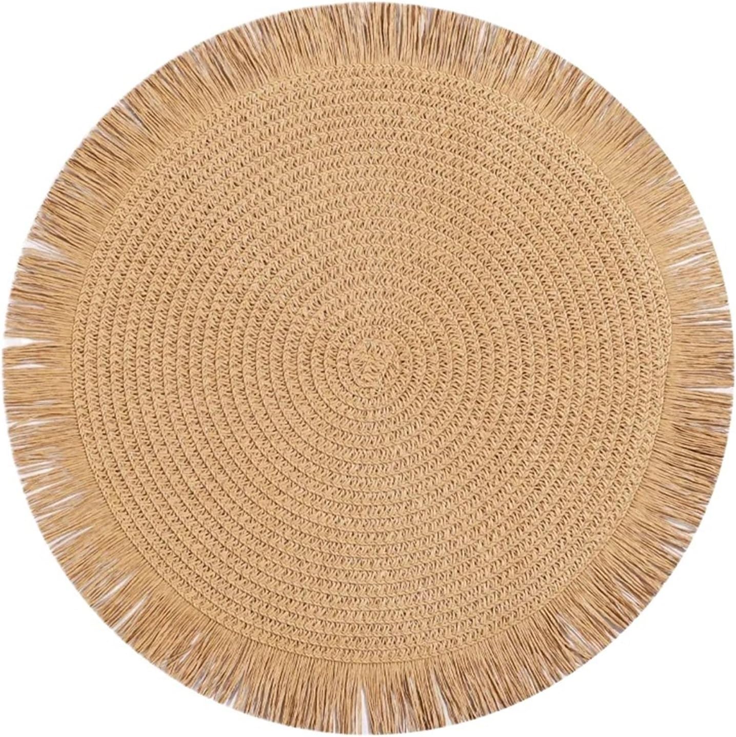 Tassel Paper Woven Placemat Solid Color Circular Lace Anti Slip Placemat Environmentally Friendly Coffee Dining Table Decor Mat(Brown)