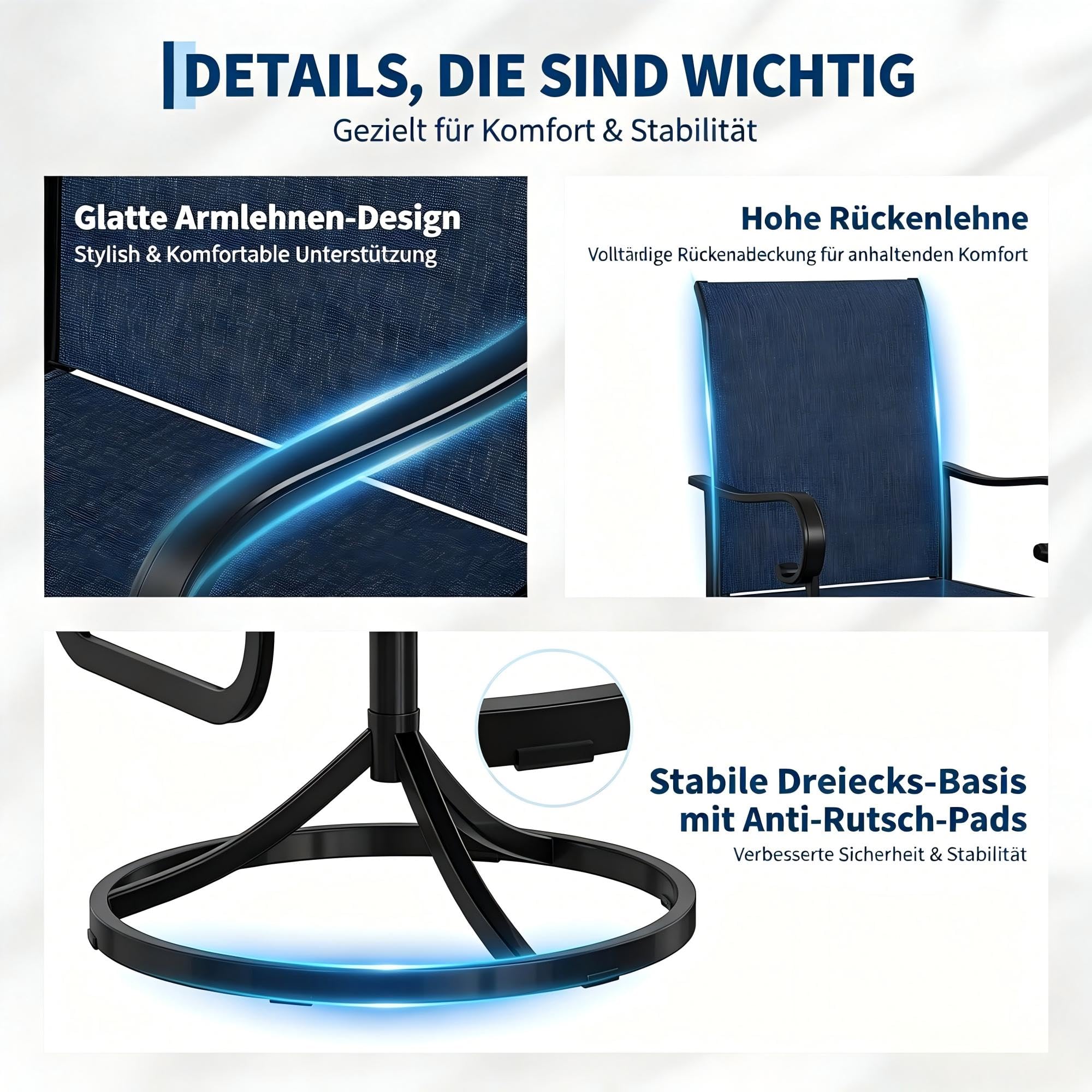 2er-Set Gartenstühle, 360° Drehbar & 15° Schaukelnd, Textilene, Hohe Rückenlehne, Patio-Drehstühle, Blau