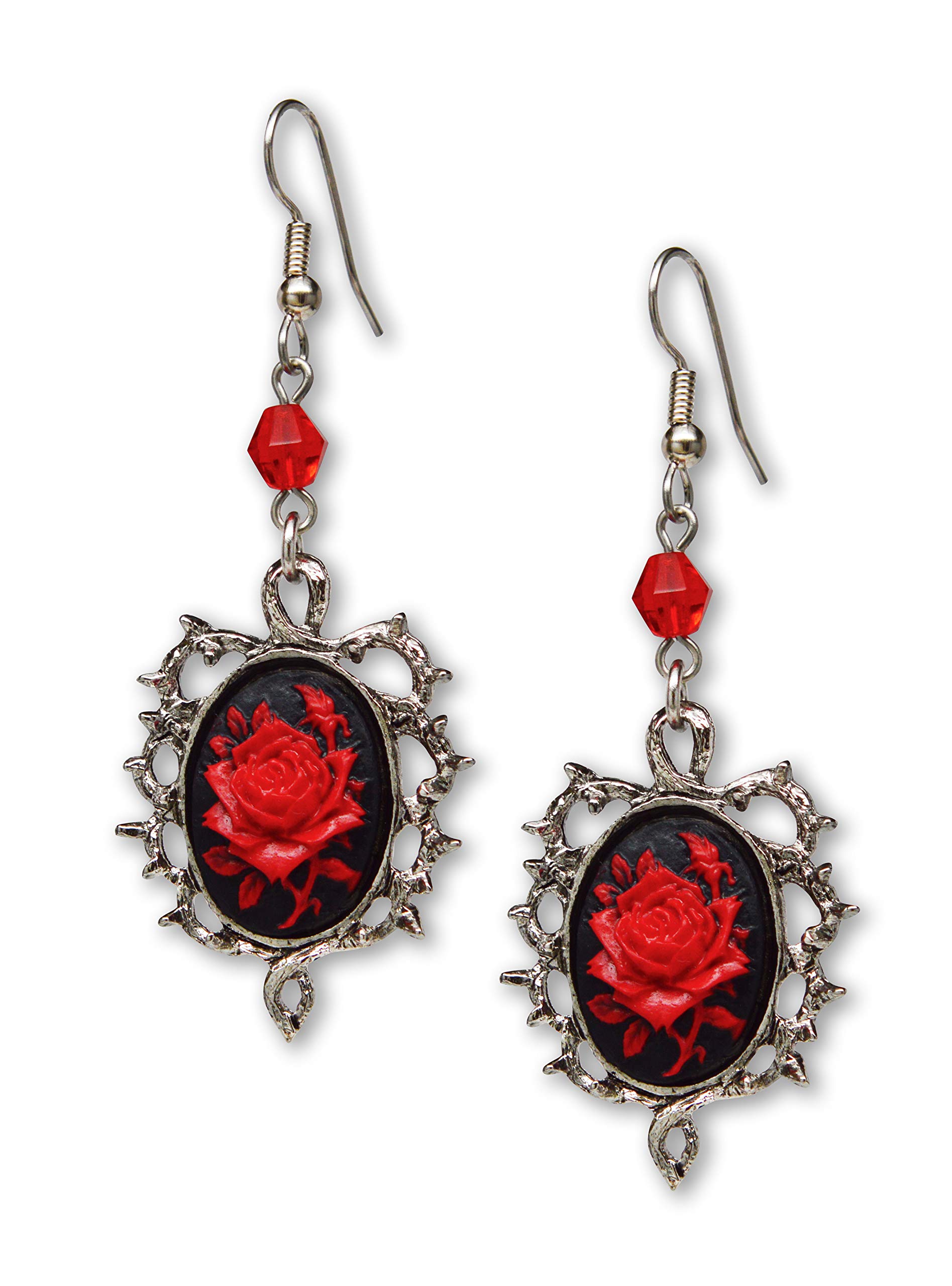 Real MetalGothic Red Rose Cameo Earrings Surrounded by Thorns with Red Bead