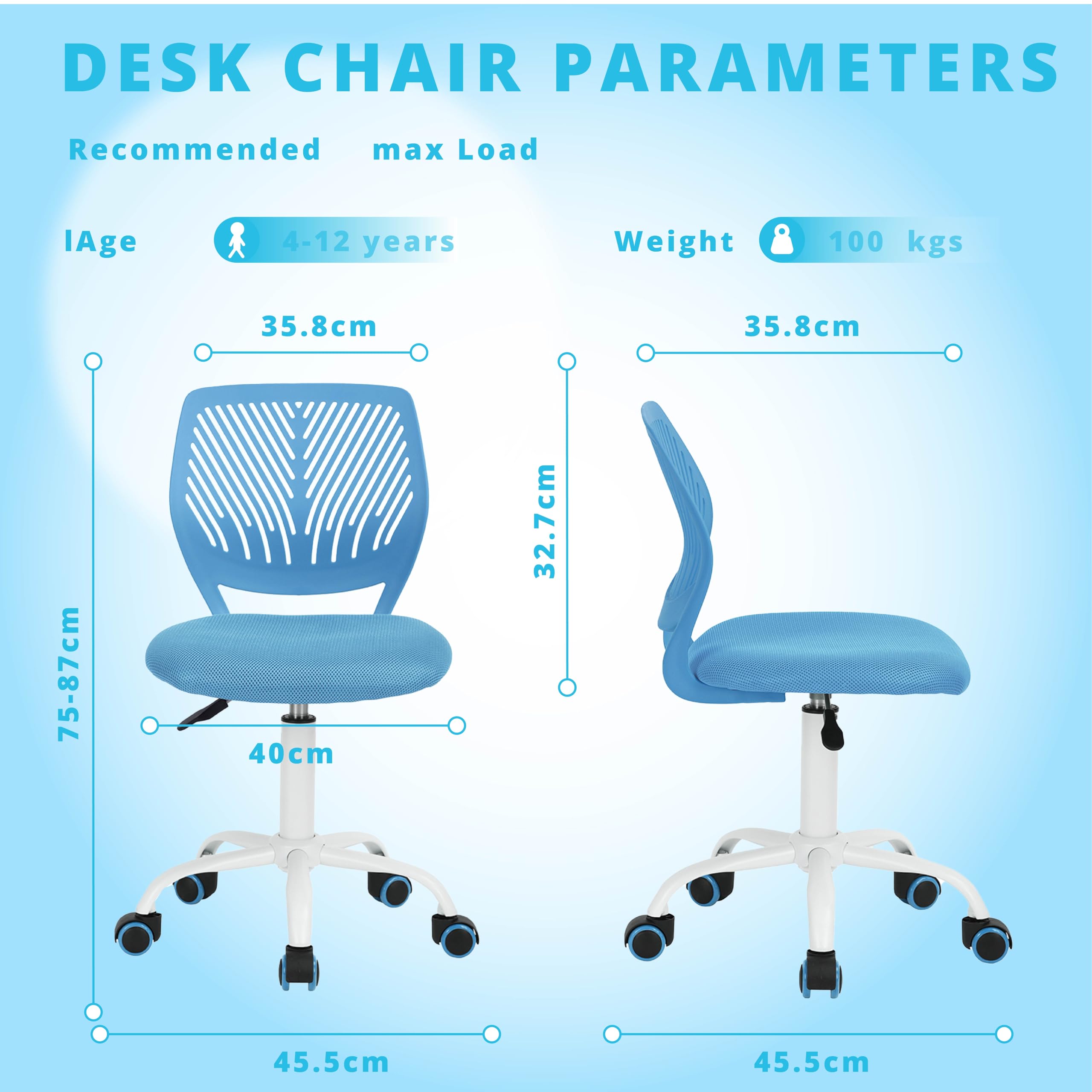FurnitureR Chaise de Bureau Moderne, Siège d'ordinateur Design Réglable, Chaise de Travail Pivotante sans Accoudoir, Salle D'étude pour Enfants, Bureau à Domicile, Bleu