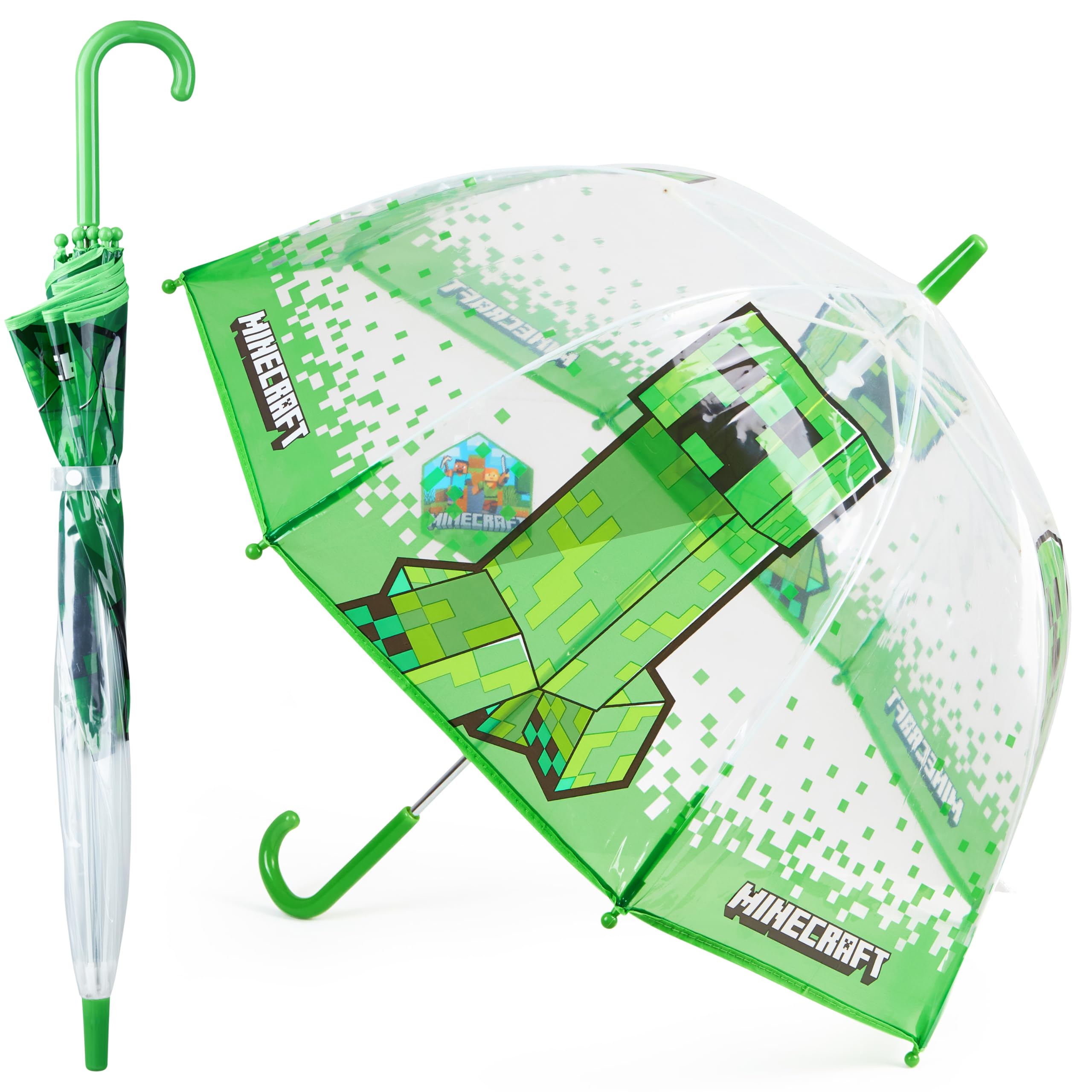 Minecraft Stick Umbrella for Kids, Transparent Clear Dome with J-Shaped Handle (Green/Transparent)