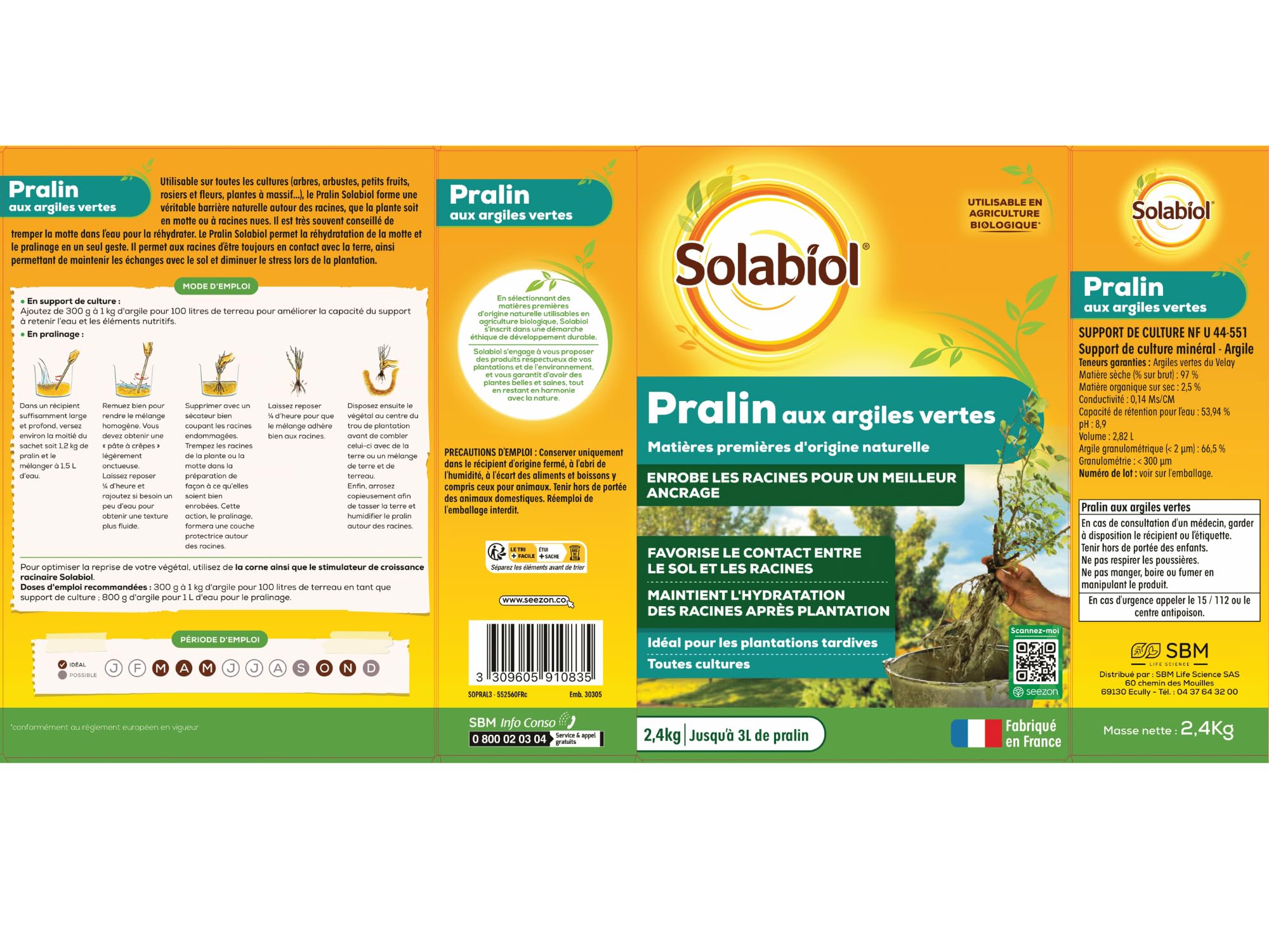 SOLABIOL Pralin Aux Argiles Vertes - 2,4Kg - Jusqu'à 3L De Pralin - Enrobe Les Racines Pour Un Meilleur Ancrage - Maintient L'Hydradation Des Racines - Utilisable En Agriculture Biologique SOPRAL3