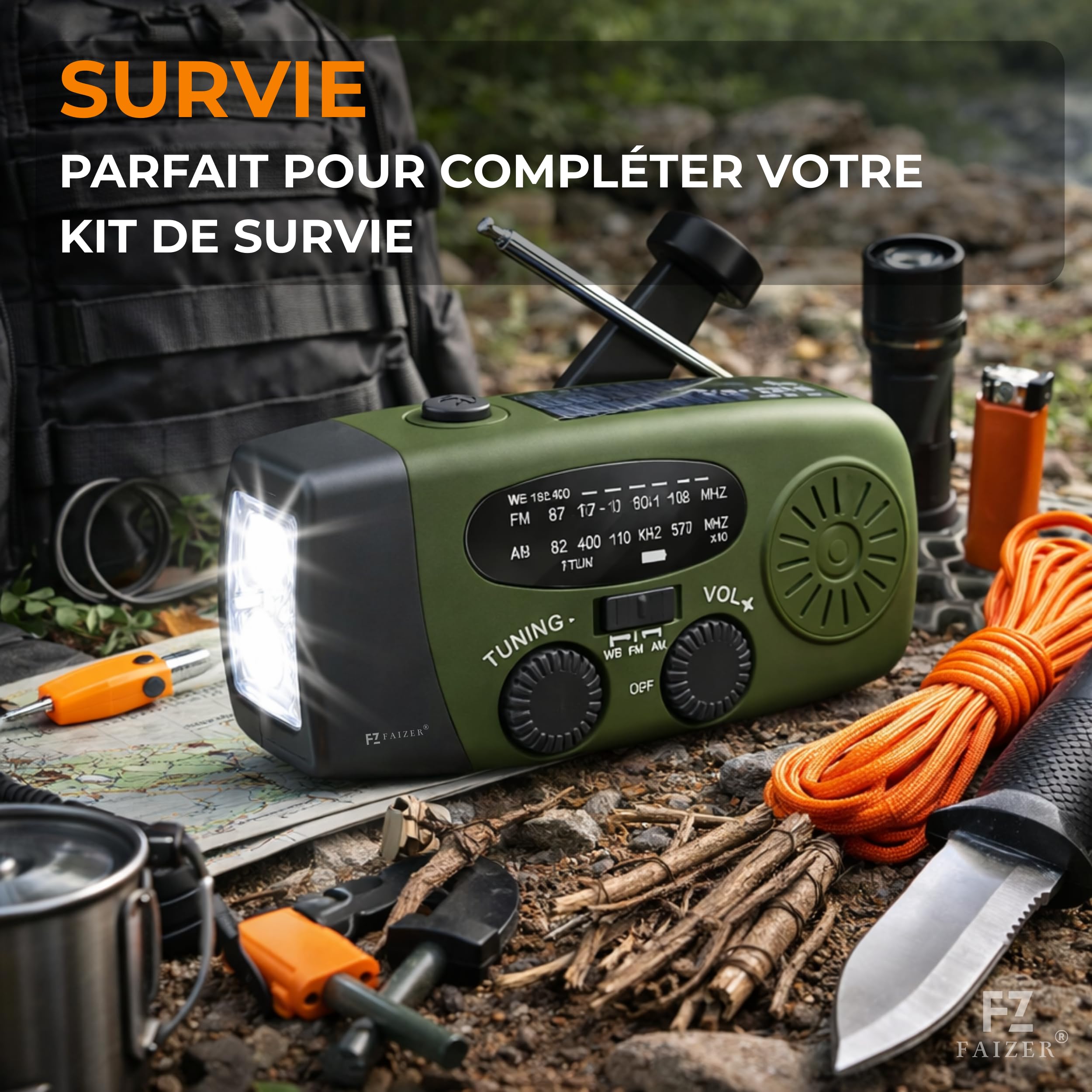 Radio Portable Urgence, AM/FM/WB Radio de Secours Auto-alimentée, Kit de Survie Complet, 2000mAh, Radios Dynamo à Manivelle avec Lampe de Poche, Fonction SOS, Powerbank, Camping, Randonnée (Vert P4)