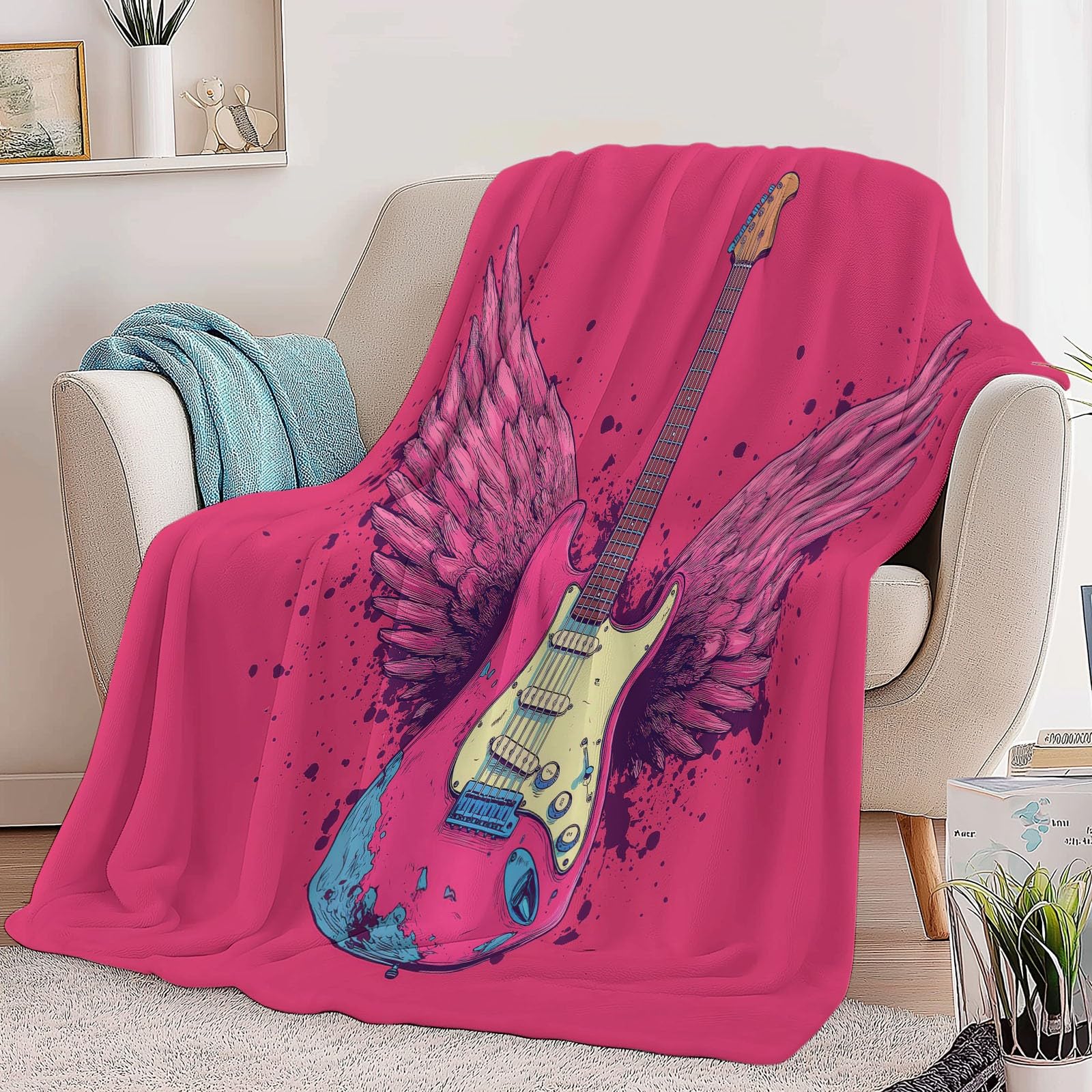 Generico Kreskówka Skrzydlata Gitara Koc Polar 150 x 200 cm Flanelowe Koce Pojedyncze Ciepłe, Różowe Koce W Kratę Polar Sherpa Łóżko Sofa Koc Zimowy