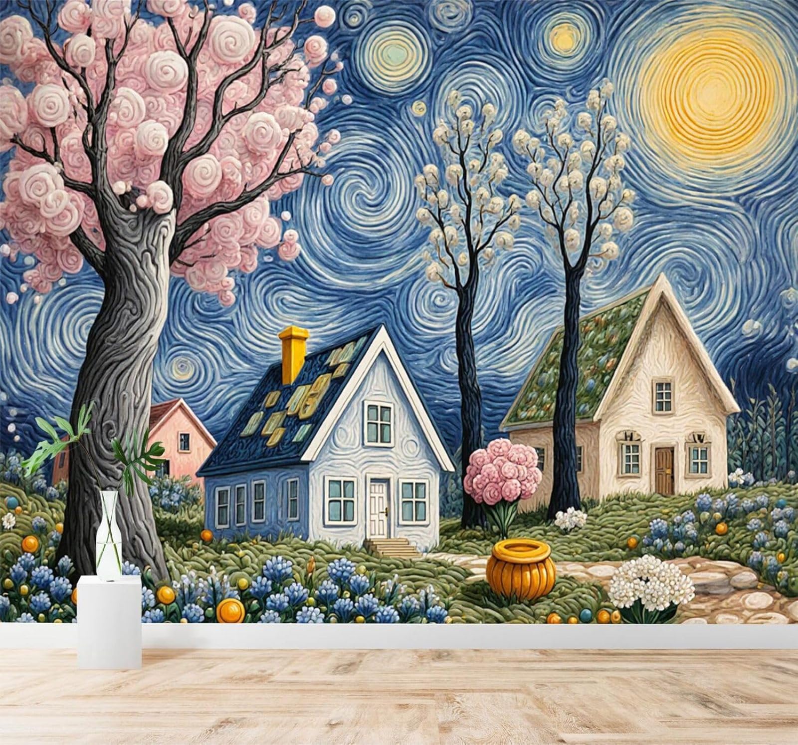 XLMING Dreamlike Village Scenery Lush with Flowers and Trees Starry Sky 3D Wallpaper Premium Textured Silk Study Dining Living Room Bedroom Sofa TV Wall Easy Install-150cm×105cm