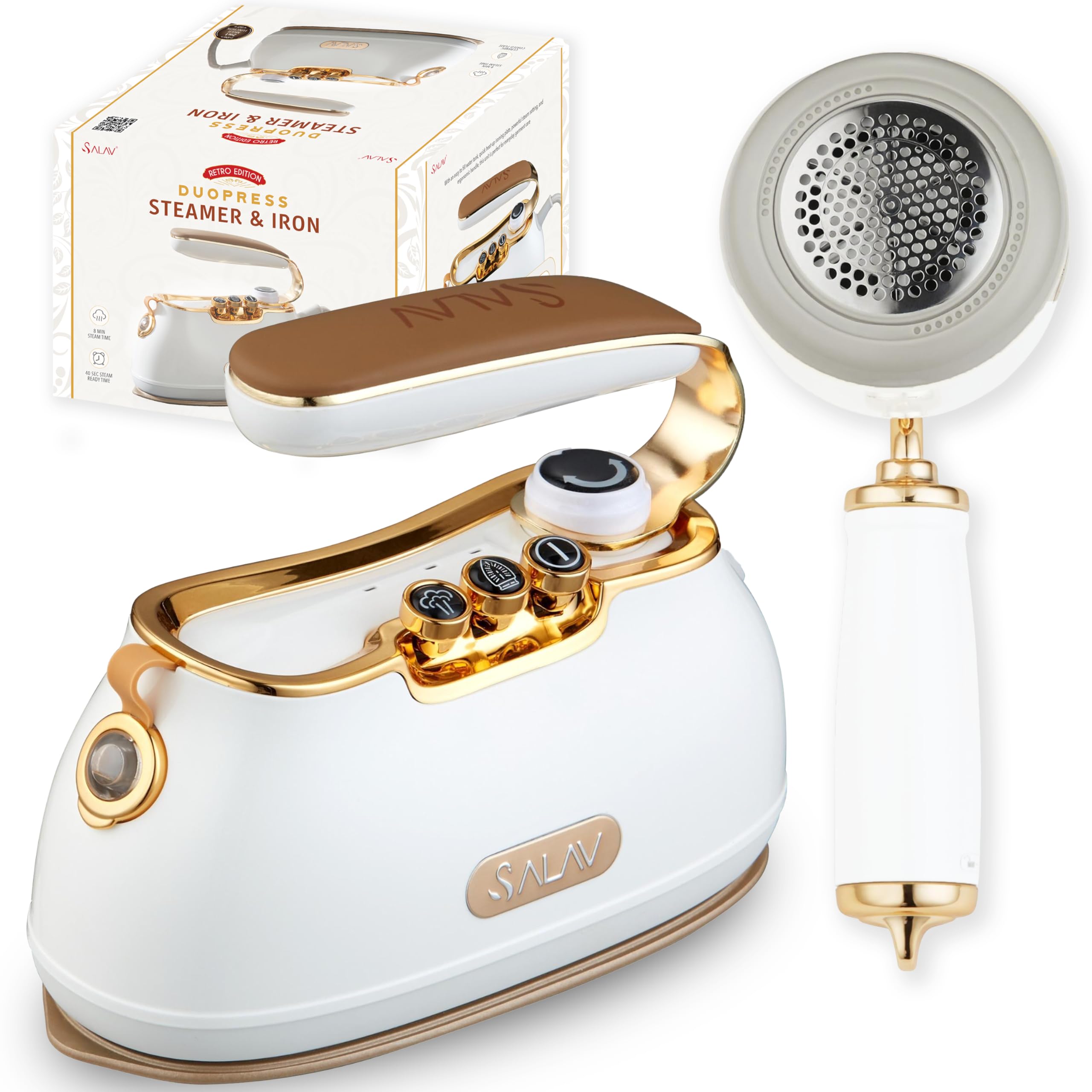Retro Edition Duopress Steamer and Iron and Fabric Shaver and Lint Roller Bundle, Pearl
