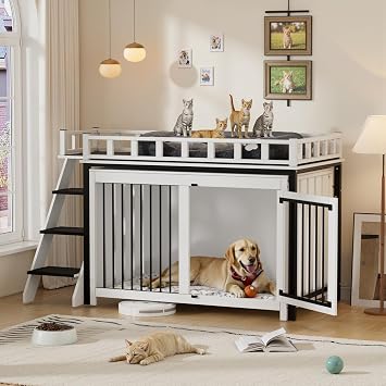 PakaLife Loft-Style Dog Crate Furniture with Double Doors, Heavy Duty Dog Kennel Indoor for Medium and Large Dogs, Wooden Pet House with Multi-Purpose Blanket and Fluffy Dog Bed