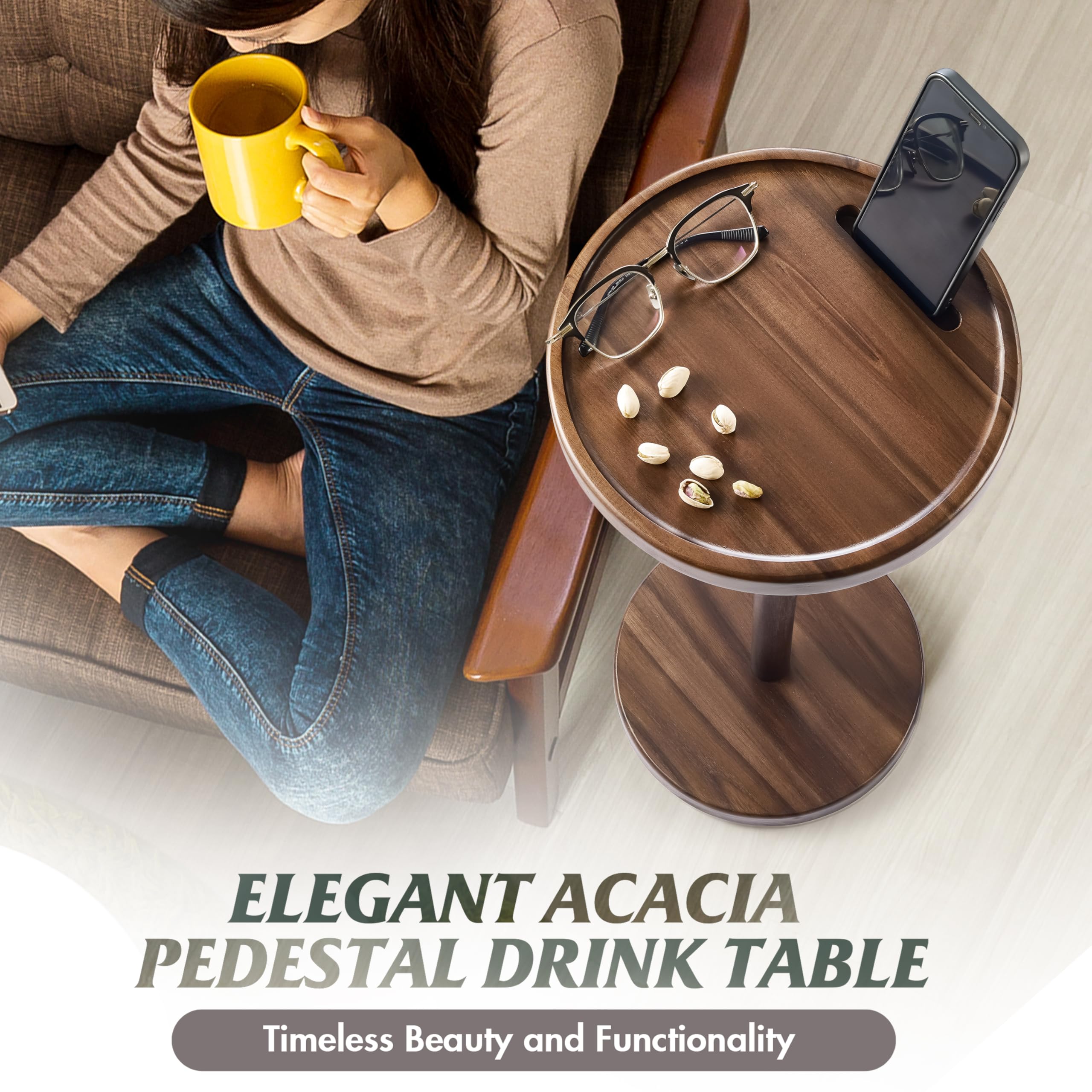 Mesa de bebidas, mesa auxiliar compacta de 24.4 pulgadas de alto con ranura para teléfono y base pesada, mesa de pedestal duradera para sala de estar (plana, nogal) 4