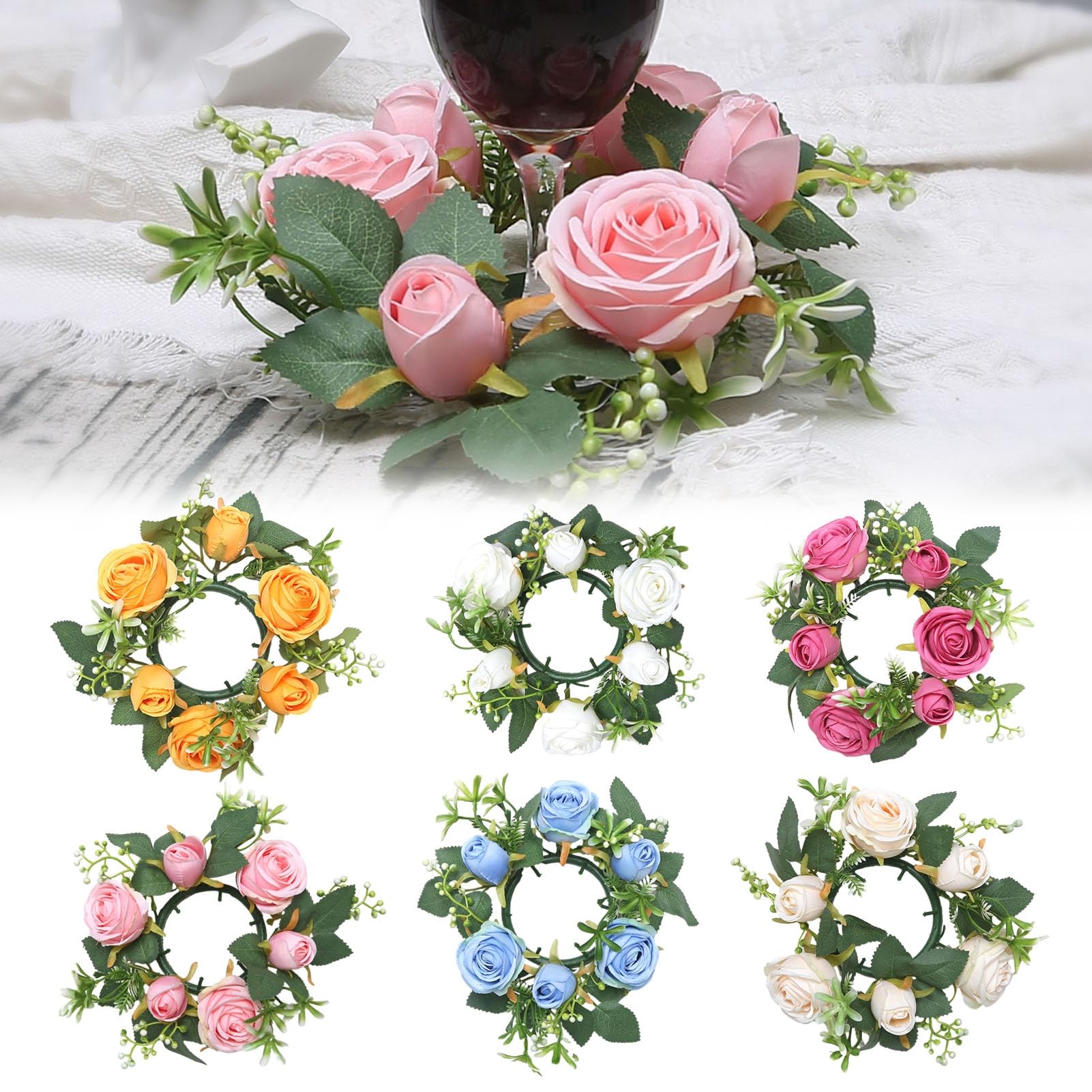 Quoravel Artificial Rose Candle Ring, Mini Faux Floral Wreath, Wedding Table Centerpiece Decor White