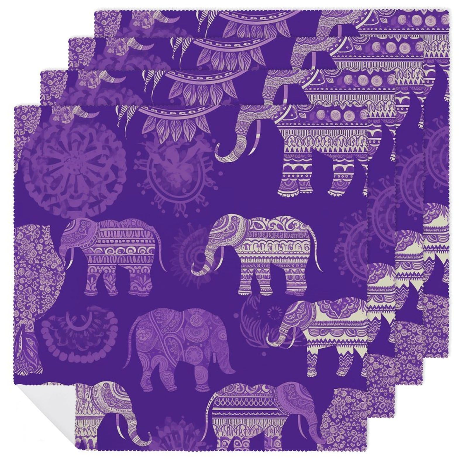 Serviettes de table lavables lot de 6 en tissu violet 45x45 cm motif éléphant