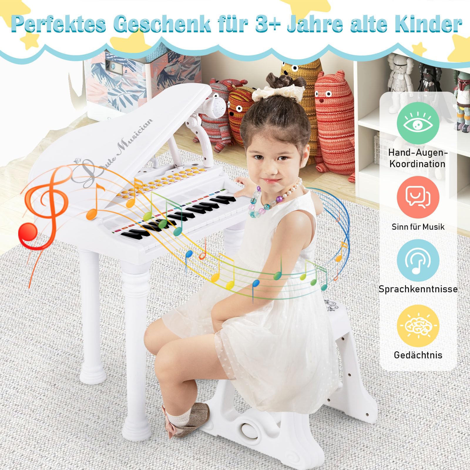 COSTWAY 31 Tasten Kinder Keyboard mit Hocker, Elektronische Klaviertastatur mit Mikrofon, LED-Lehrmodus, tragbares Spielzeugklavier Musikinstrument für Kinder ab 3 Jahren (Weiß)