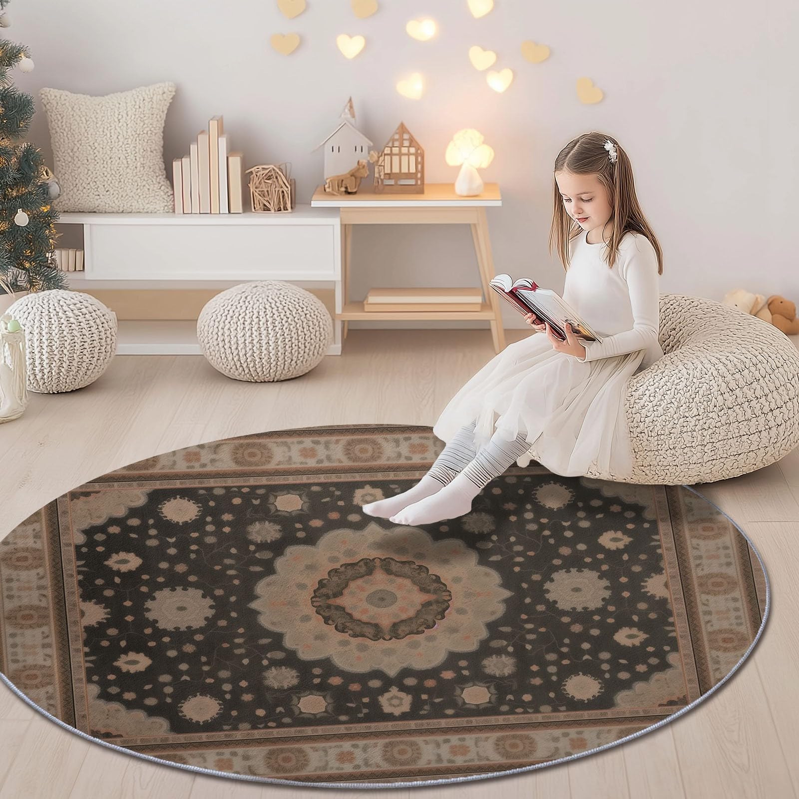 Nero Marrone Tappeto Rotondo Salotto, 120 cm Etnico Effetto Consumato Geometrico Floreale Stampa Morbido Tappetini Antiscivolo Tappeto per Bambini Cameretta Cucina Casa Zona Balcone Tappet Tavolino