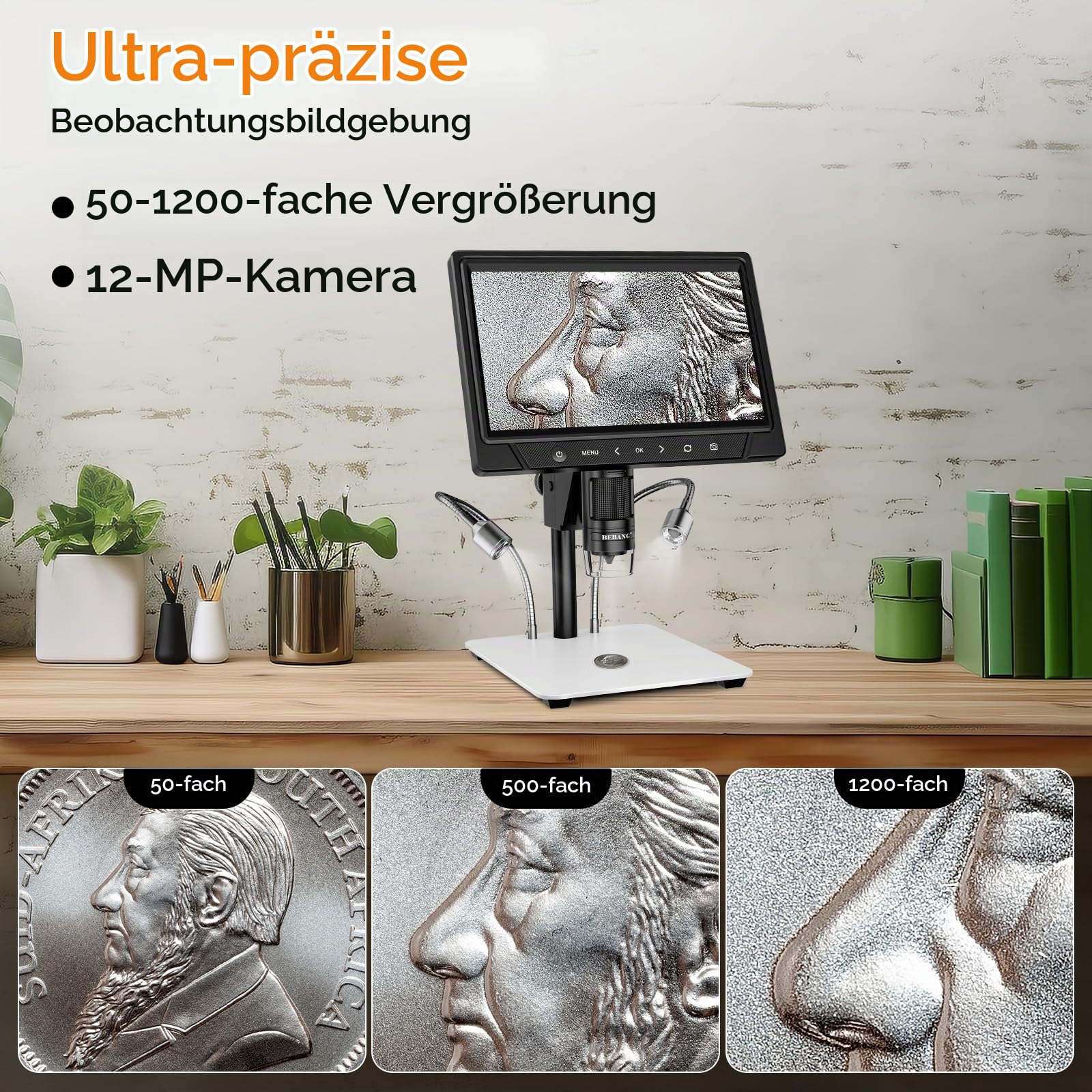 BEBANG 10.1" LCD Digitales Mikroskop 1200x für Erwachsene,3024P Münz Mikroskop Lupe,12MP Lötmikroskop mit PC Ansicht, Kompatibel mit MacOS Windows,32GB SD Karte (Weiß)