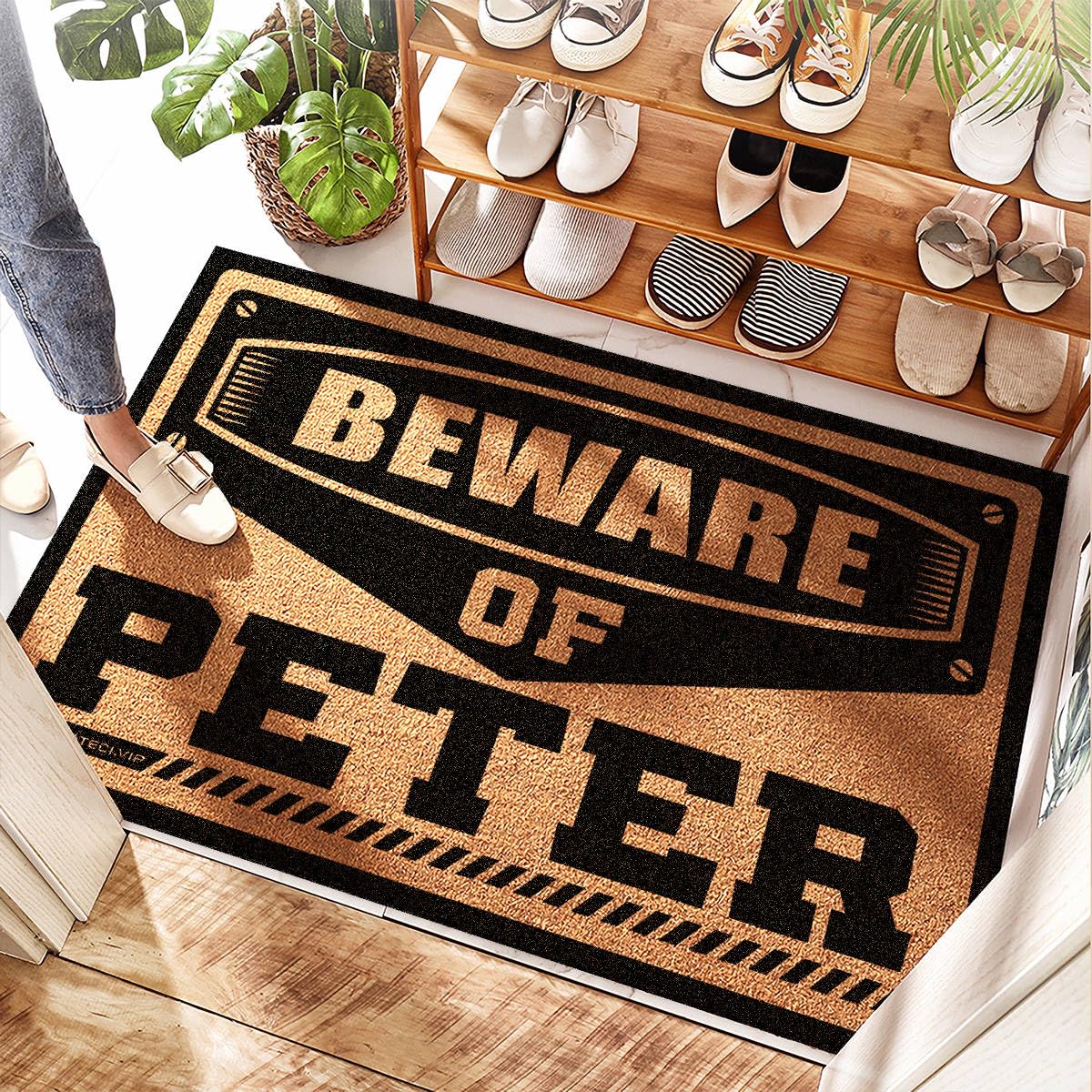 Tapis de bienvenue imperméable et grand format Rag avec motif Beware Of Peter