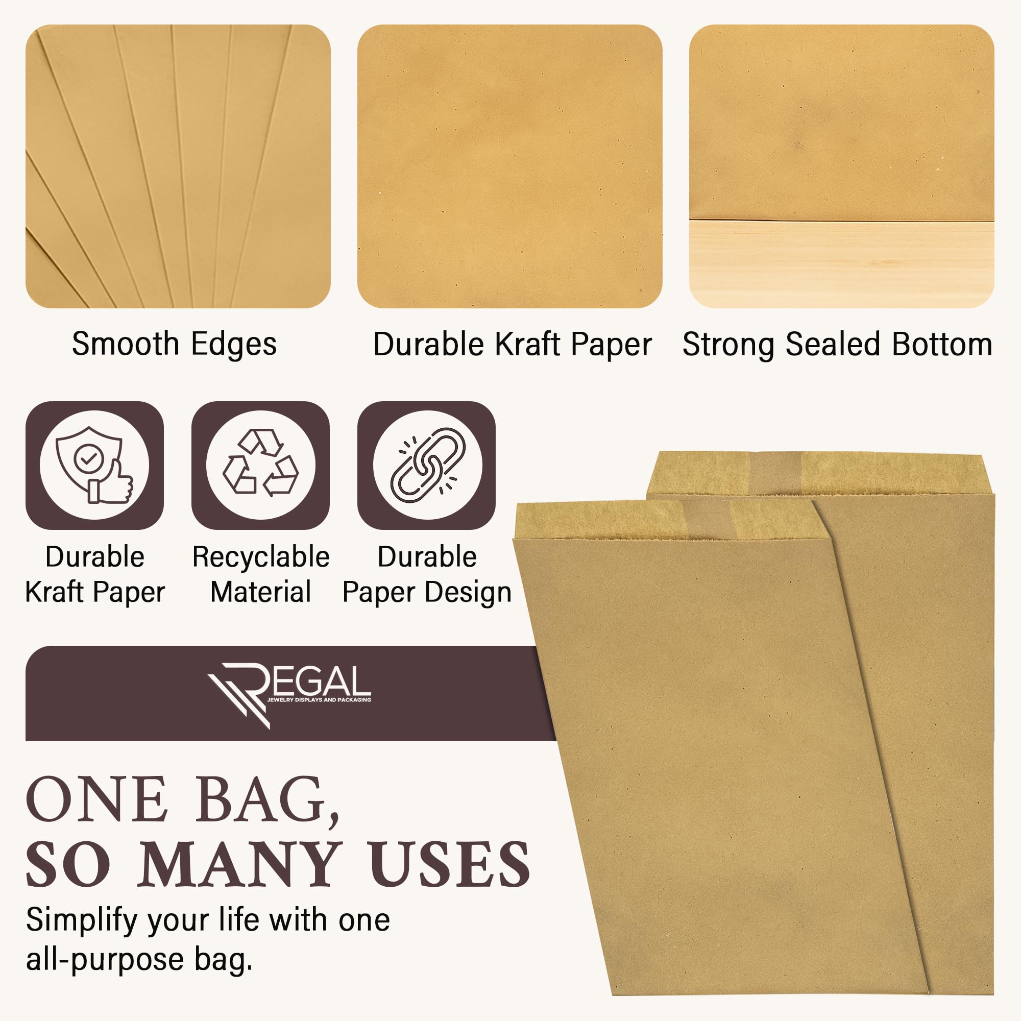 RJ Displays Lot de 100 sachets en papier kraft marron 12,7 x 19,1 cm