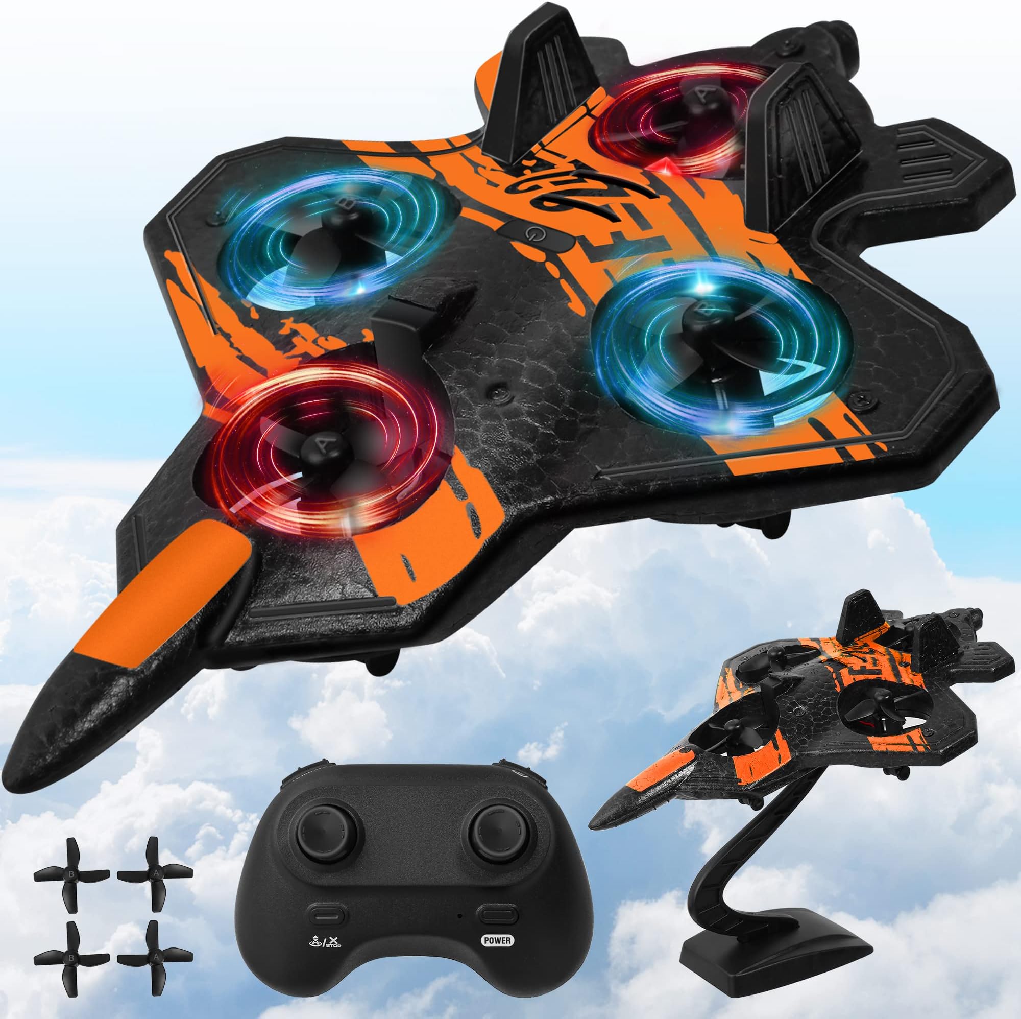 Remote Control Airplane for Beginners, 2.4GHz V17 Jet Fighter Stunt RC Airplanes, ABS, 3D Flip, Stunt Roll, Cool Light, 2 Batteries, RC Planes for Kids 8-12, Orange