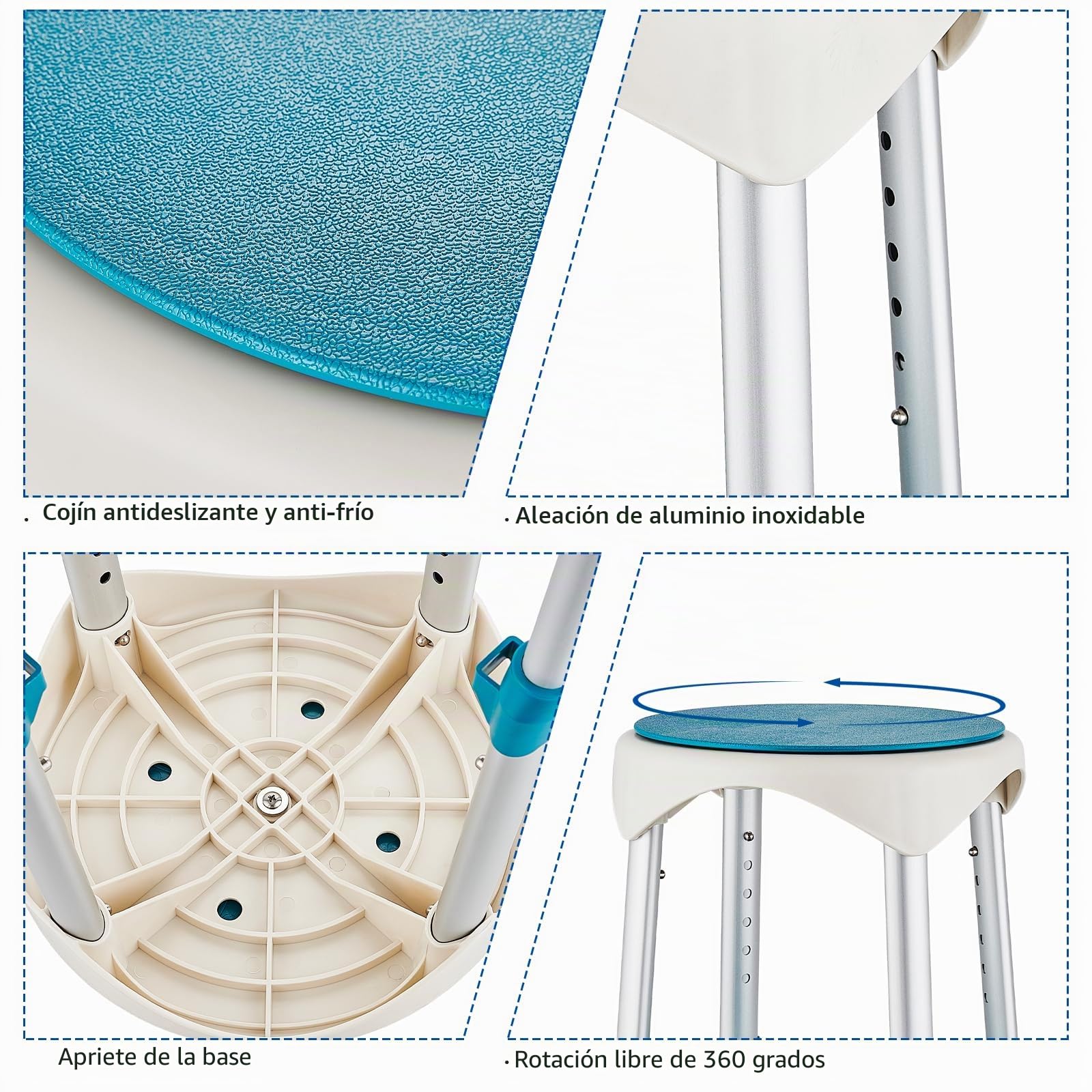 Taburete De Ducha,Asiento De Ducha Giratorio 360°con Patas De Goma Antideslizantes,Taburete Giratorio Mejorado para Personas Mayores,Silla De Baño Ajustable en Altura en 6 Niveles con Estante