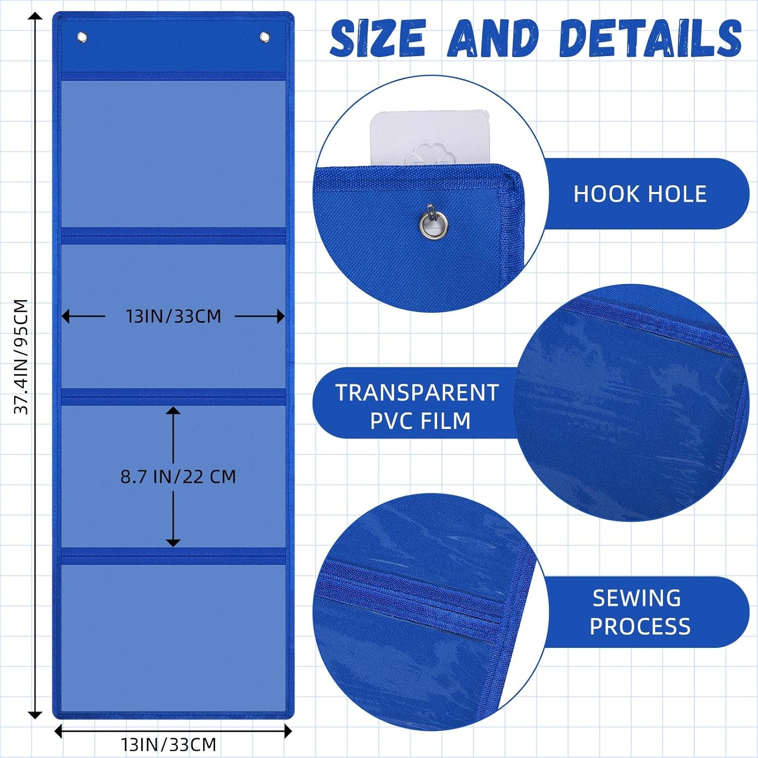 Reallnaive 6 Pcs Storage Pocket Chart for Classroom 37.4 x 13 in 4 Pockets Hanging Wall File Organizer for Teachers Homework Cards Drawing Pictures Class Demonstrations Office Organization(Blue)
