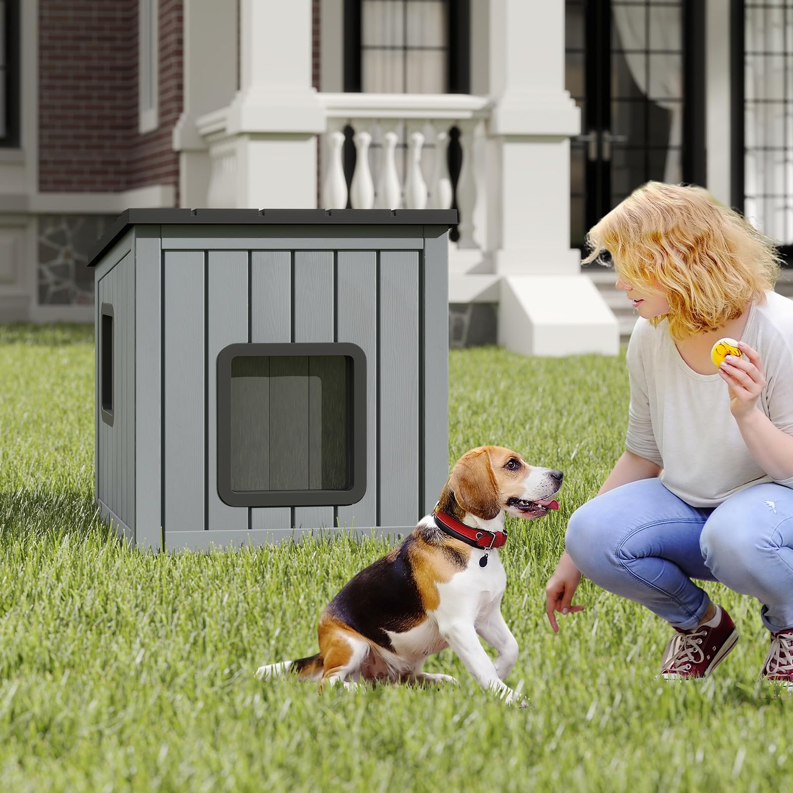 GOPLUS Niche pour Chat Exterieur/Interieur en Plastique Résistante à l'hiver, Maison Chat Exterieur avec 2 Portes et Toit en Pente, Rideau en PVC, 62,5 x 54 x 56,5 cm, pour Chiots et Lapins, Gris