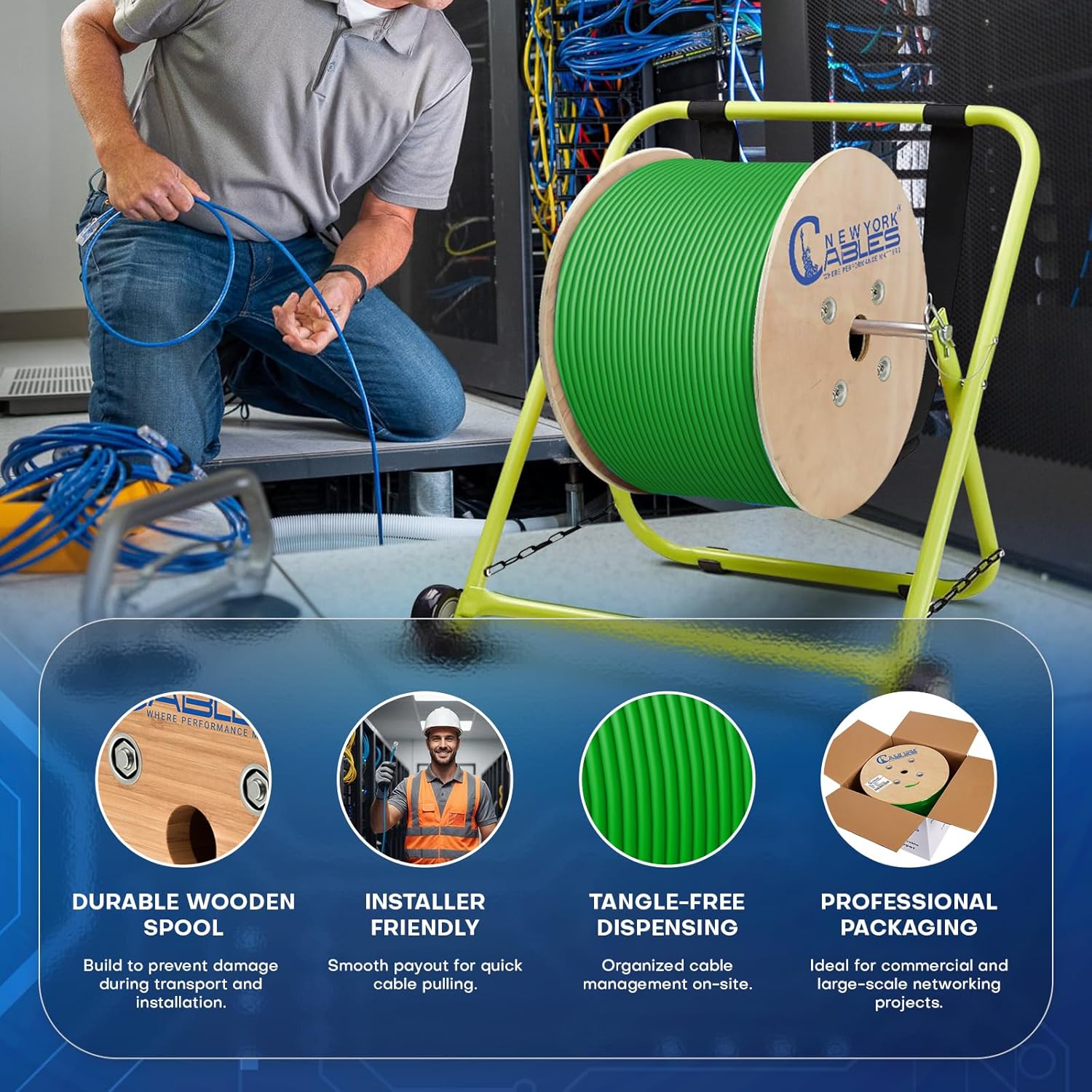 NewYork Cables | CAT6a Riser Cable 1000ft | ETL Listed 100% Solid Pure Copper | 23AWG 4UTP Pairs | 750MHz PoE++ CAT6A Cable 10Gbps High Speed for Networking, Commercial Installations & Gaming - Green