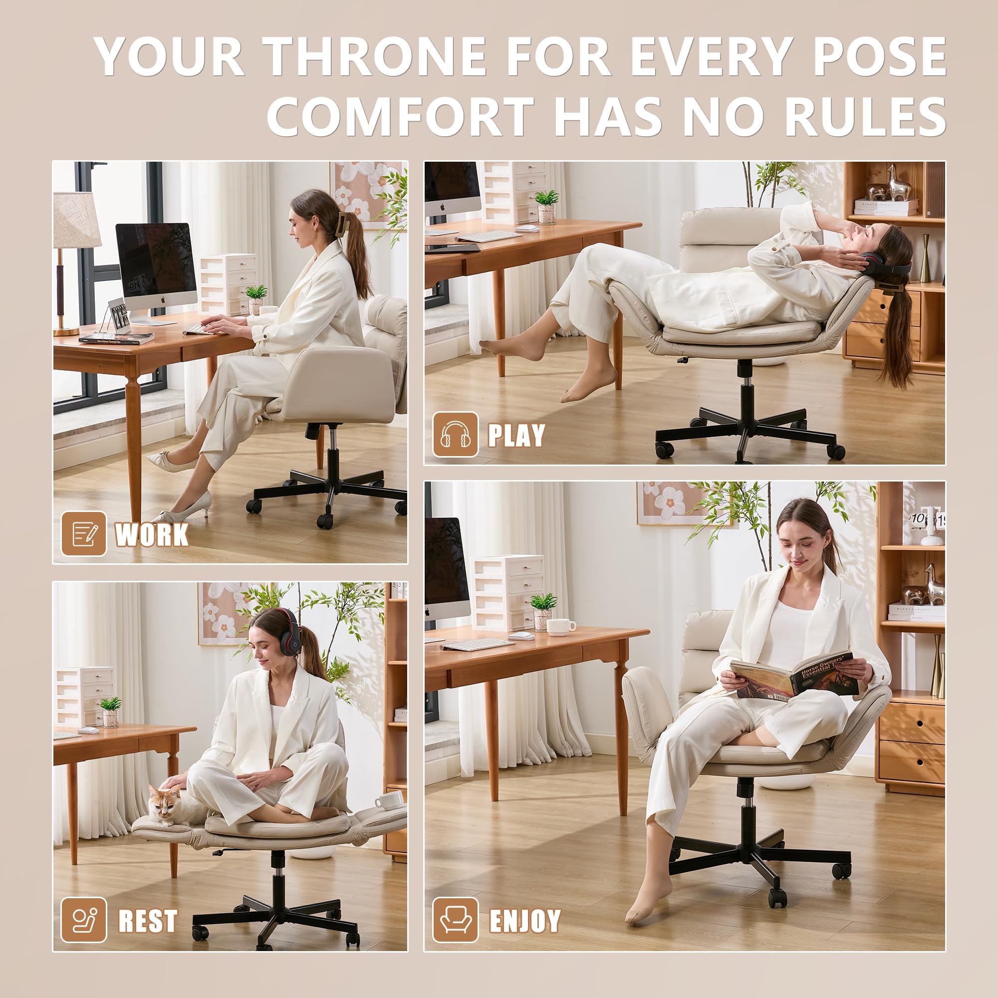 Ylzyxal Criss Cross Chair with Flip-Up Arms & Swivel Wheels, Vanity Chair with Adjustable Height & Side Pockets, Comfortable Wide Seat Reclining Computer Office Desk Chairs for Home Office, Make Up, Bed Room in use