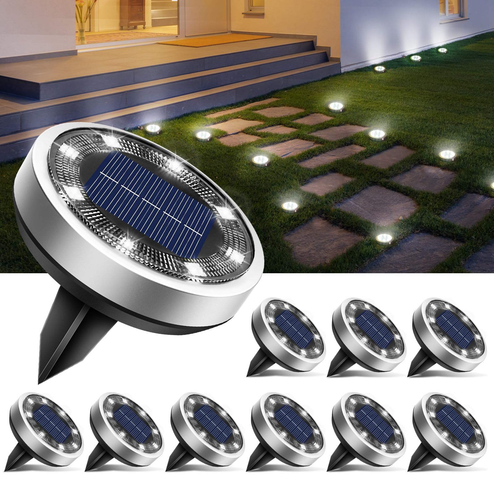 btfarm 10 Pezzi Luci Solari da Giardino, 8LED Faretti Sepolta Solari a Led da Esterno, Lampade Solare da Terra IP65 Impermeabile per Cortile Prato Vialetto Scala Paesaggio, Bianco Freddo