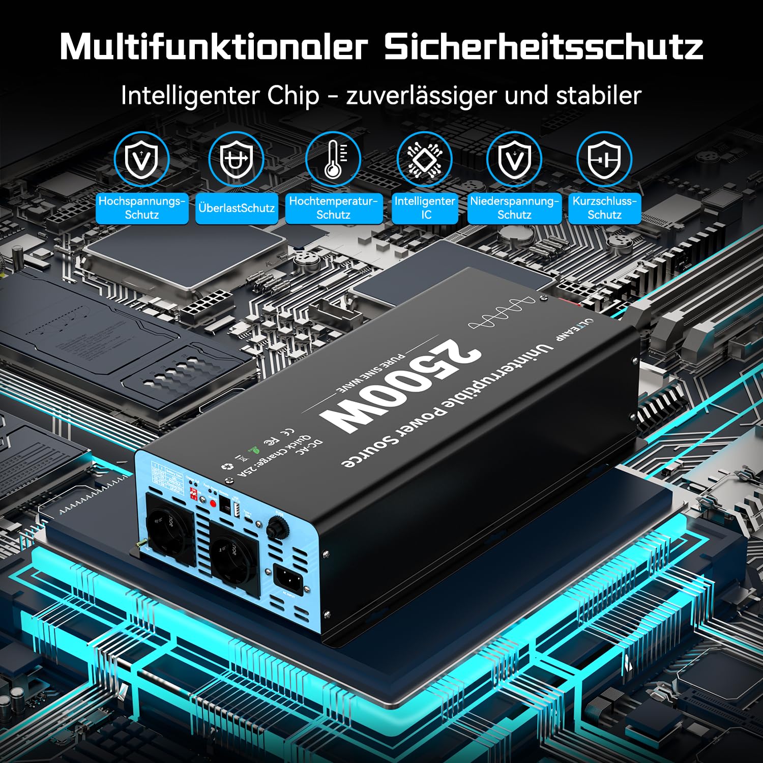 OLTEANP 2500W Wechselrichter12V auf 230V Reiner Sinus,Spannungswandler mit Netzvorrangschaltung und ladefunktion und USV Funktion,Fernbedienung mit LCD-Bildschirm, Automatische Umschaltung für Netz