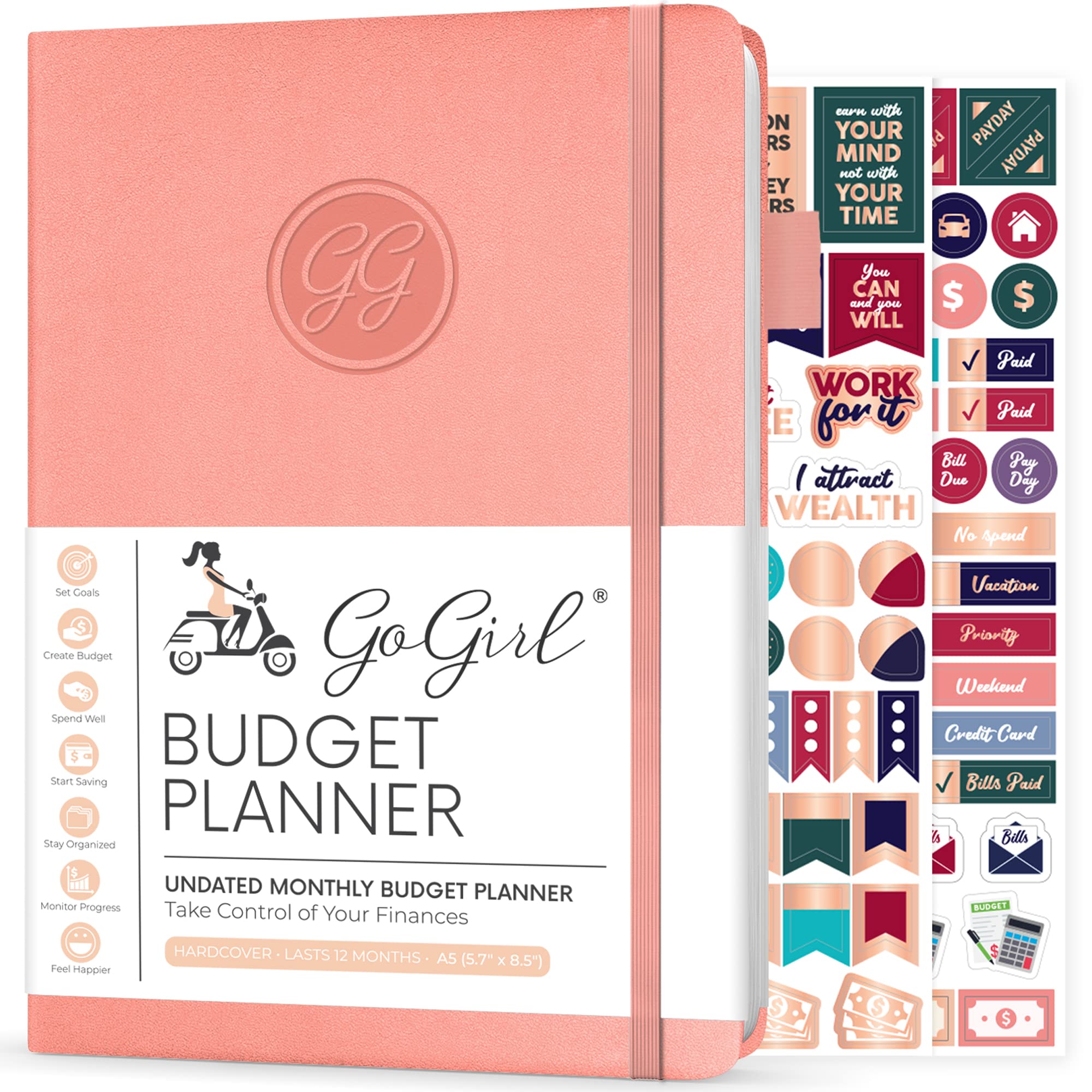 GoGirl Budget Planner – Monthly Financial Planner Organizer Budget Book. Expense Tracker Notebook Journal to Control Money, A5 (Peach Pink)
