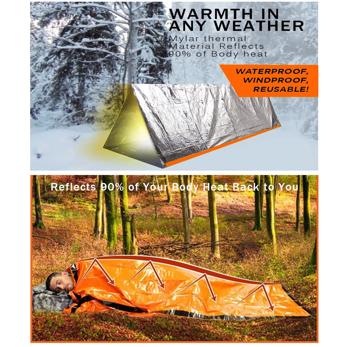 Sac de couchage de bivouac portable, thermique, léger, imperméable, équipement de réchauffement d'urgence, tente de survie.
