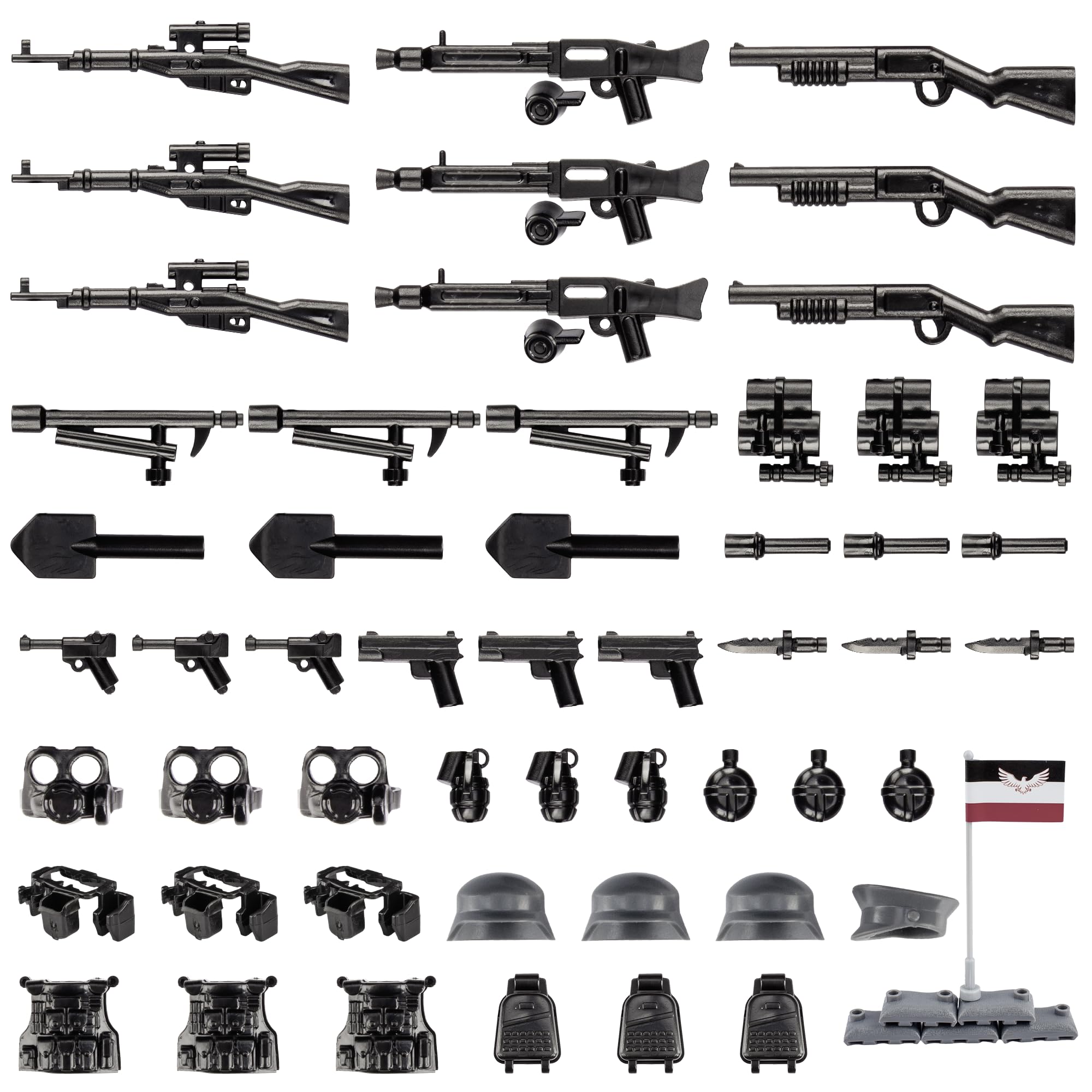 63 Pcs Battle Blocks Bricks Weapons Pack Military Weapons Accessories German WW2 Weapons Toys Military Equipment Compatible with Major Brand, 3 Years Old and up